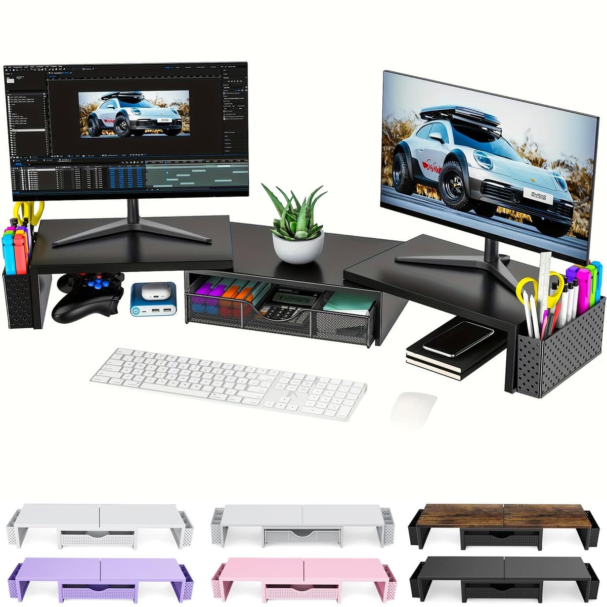 Dual Monitor Stand Riser, Metal Desk Accessories with Drawer and 2 Pen Holder, Adjustable Length and Angle - Computer Monitor Stand for Screen, Computer, Printer (Black) — view 12