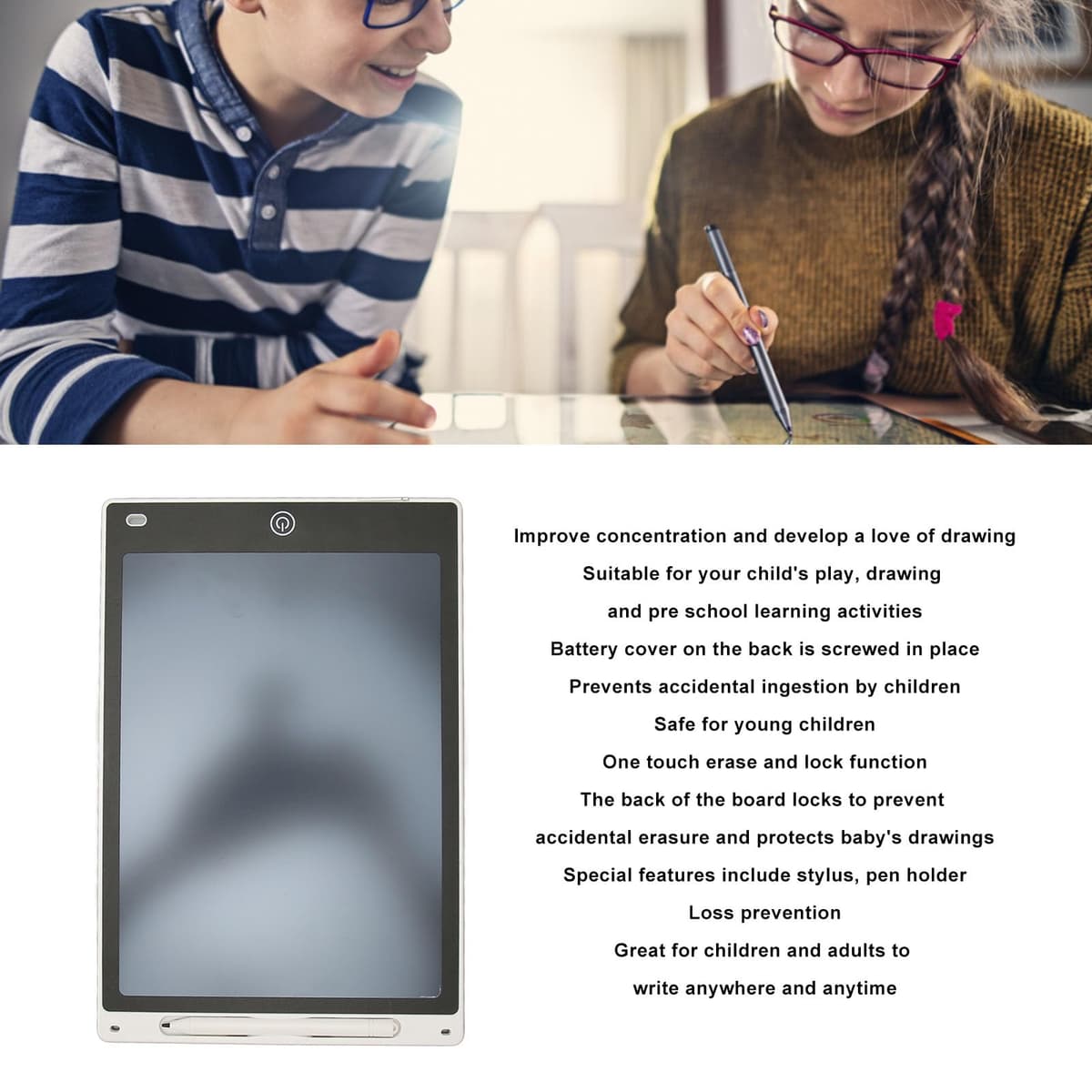 10-I LCD Writing Tablet – Erasable, Reusable Drawing Pad for Kids with Pressure Sensitivity & One-Button Erase F in (Black) (White) — view 4