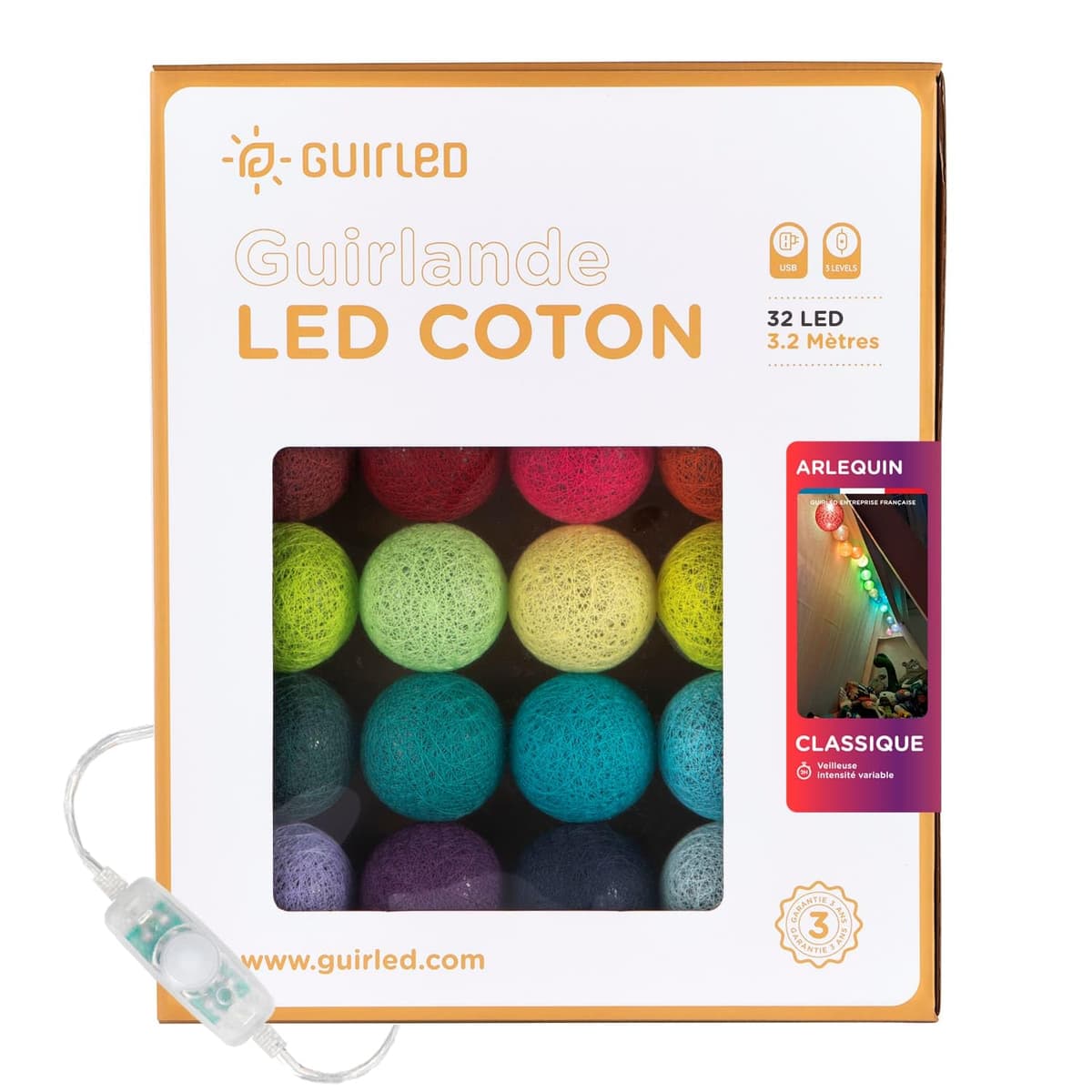 GuirLED - Guirnalda luminosa bolas de algodón LED USB- Luz de noche para bebé 2h - Adaptador de corriente dual USB 2A incluido - 3 intensidades - 16 bolas 1,6m - Byzantin — view 11
