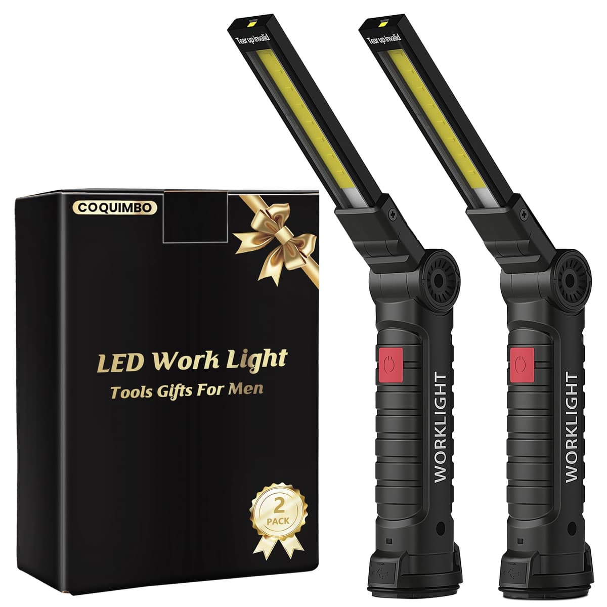 Coquimbo Regalo Hombre Linterna Taller LED Recargable, Linterna Portátil de Trabajo Lámpara de Inspección con Magnética Base y Gancho para Taller Cámping Emergencia(2 Piezas, Negro)