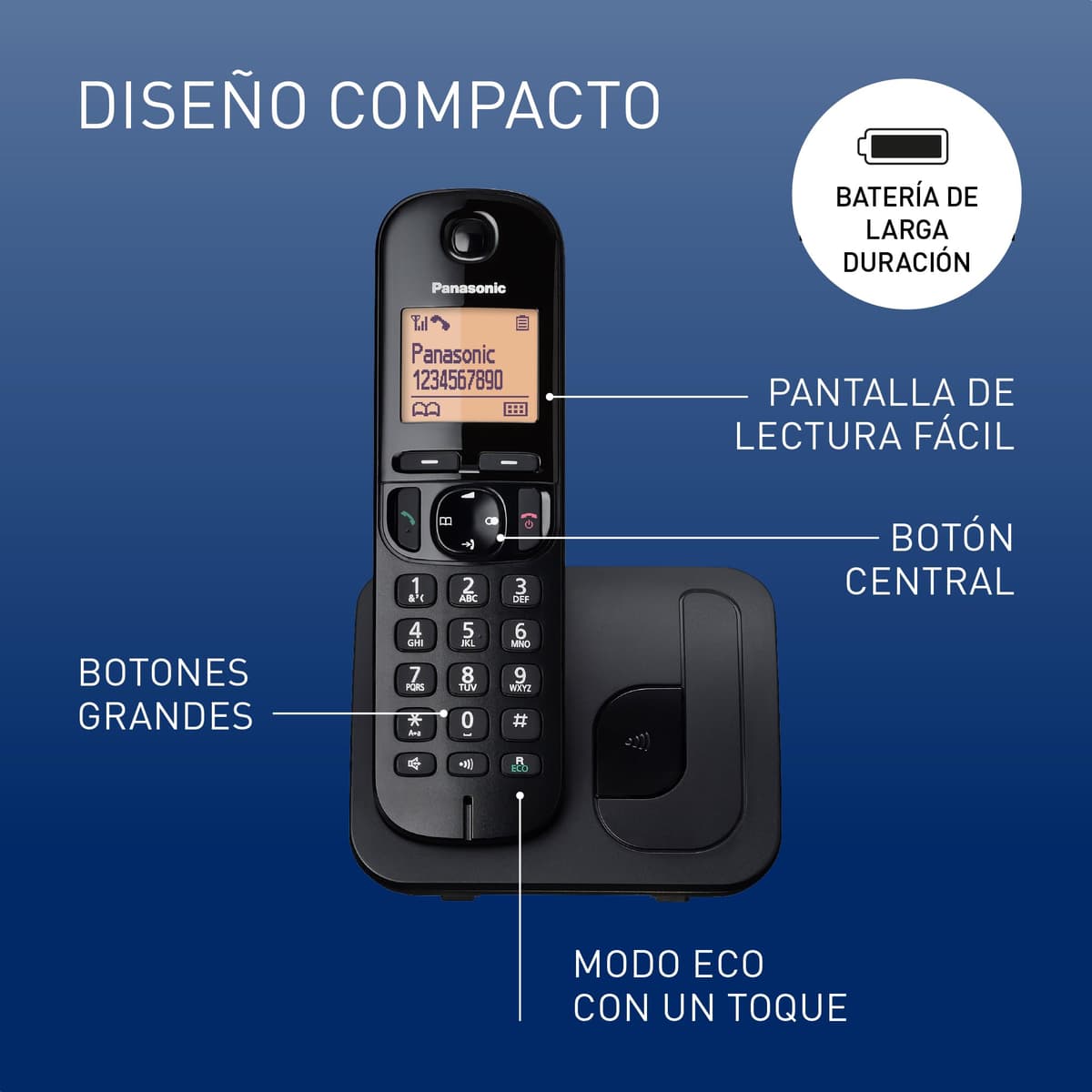 Panasonic KX-TGC210 Teléfono fijo inalámbrico, LCD, Identificador de llamadas, Agenda de 50 números, Tecla de navegación, Modo ECO, Reducción de ruido, Negro — view 2