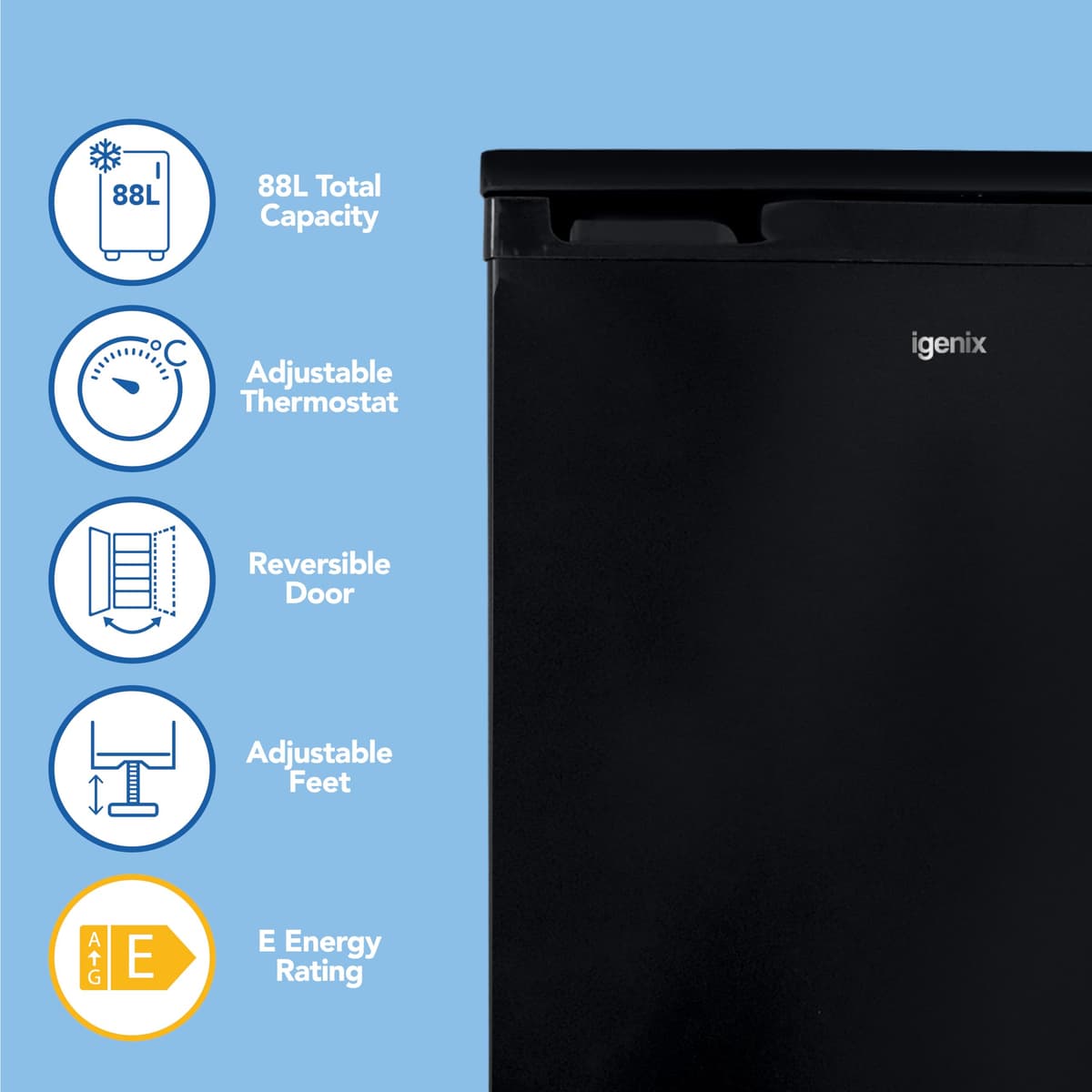 Igenix IG355B Freestanding Under Counter Freezer with 3 Large Drawers, Reversible Door, 88 Litre Freezer Capacity, 55 cm Wide, Black — view 2