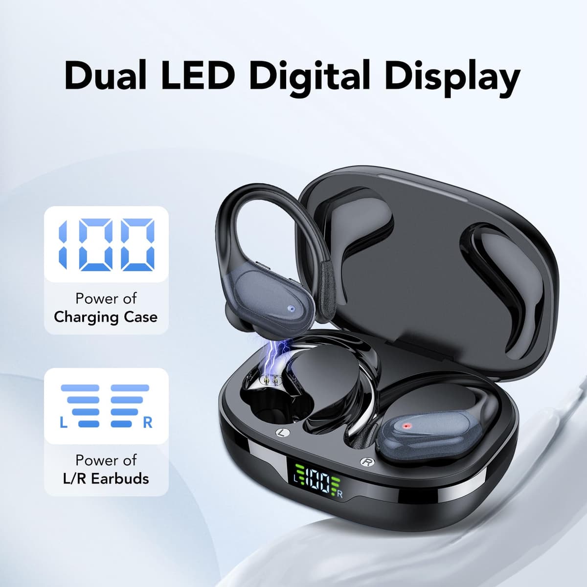 Auriculares Inalambricos, Auriculares Bluetooth 5.3 Deportivos con Gancho de la Oreja, 60H de Reproducción, Pantalla LED, Llamada ENC HD, Profundamente Bajo, Ajuste Cómodo, IPX7 Impermeable(Negro). — view 2