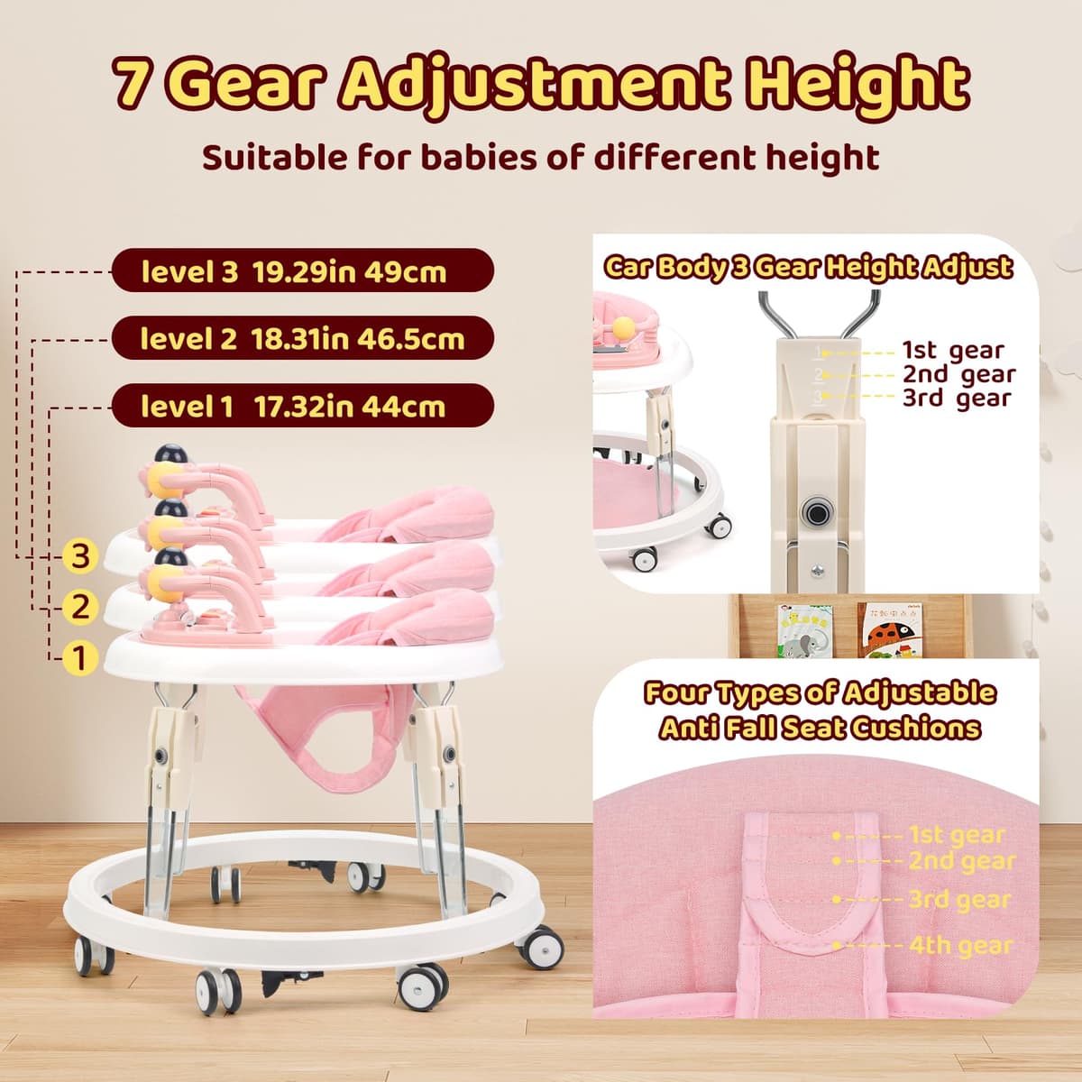 Baby Walker, Foldable Multi-Function Anti-Rollover Walker with Music Tray & Light, 7 Level Height Adjustable, Baby Walkers for 1 Year Olds Suitable for All Terrains (Pink) — view 3