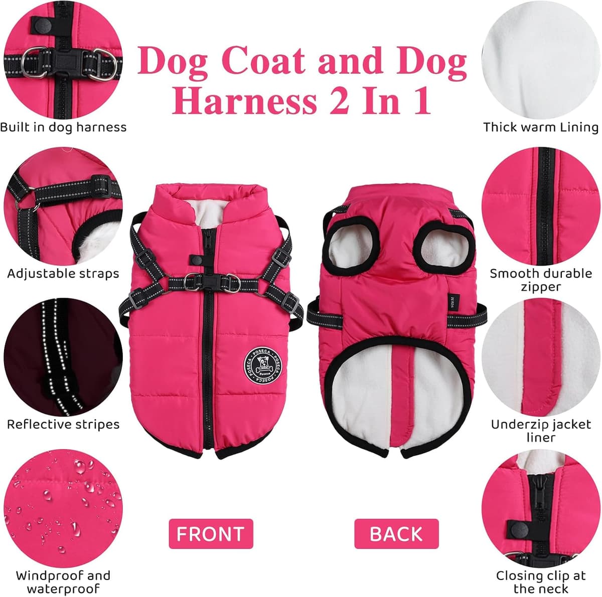 Poseca Waterproof Winter Coat for Small Dogs - Warm Vest Jacket with Harness for Small Medium Large Dogs — view 2