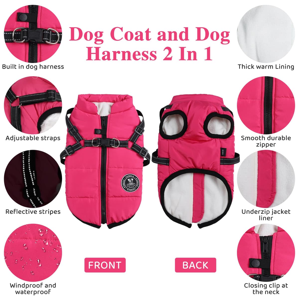 Poseca Dog Coat with Harness,Dog Coats Waterproof,Small Dog Harness Jacket,Puppy Winter Fleece Jackets,Winter Waterproof Coat with Reflective Harness and Zipper for Small Medium Large Dogs — view 3
