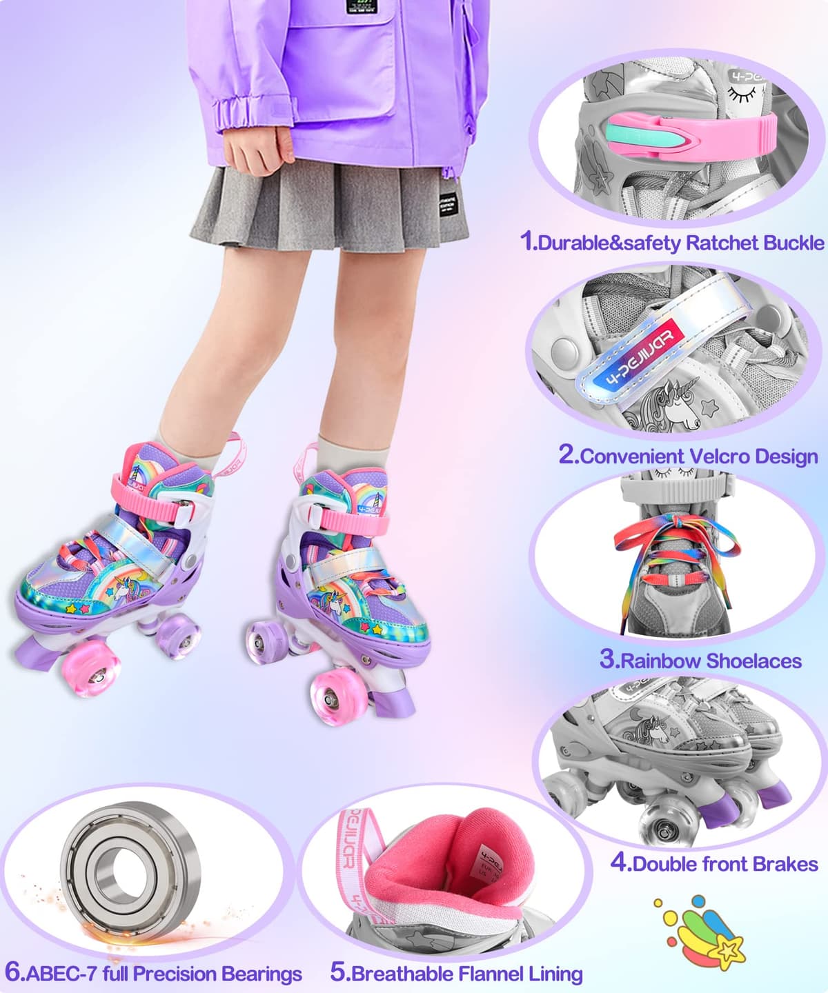 Patines Unicornio para Niños Patines Roller Quad Ajustables con Ruedas Luminosas para Niñas y Niños Principiantes — view 4