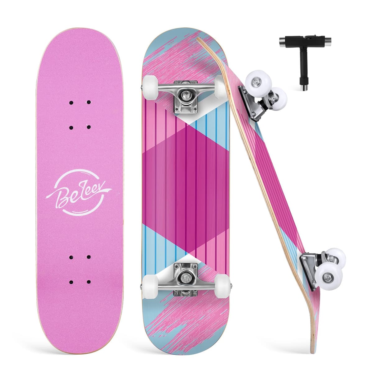 BELEEV Skateboards 31x8 para Principiantes, Niños, Adolescentes y Adultos, Completo Pro Cruiser Skateboard para Niña Niño, Arce Canadiense de 7 Capas, Doble Bandeja Cóncava, con Herramienta en T