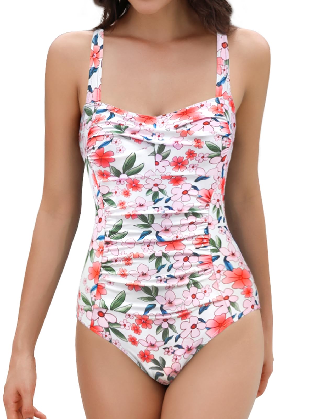 SHEKINI Traje de Baño Una Pieza para Mujer Cuello Bajo Ajustables Correas Slim Bañador Fruncido Control Abdomen Ropa de Playa — view 12