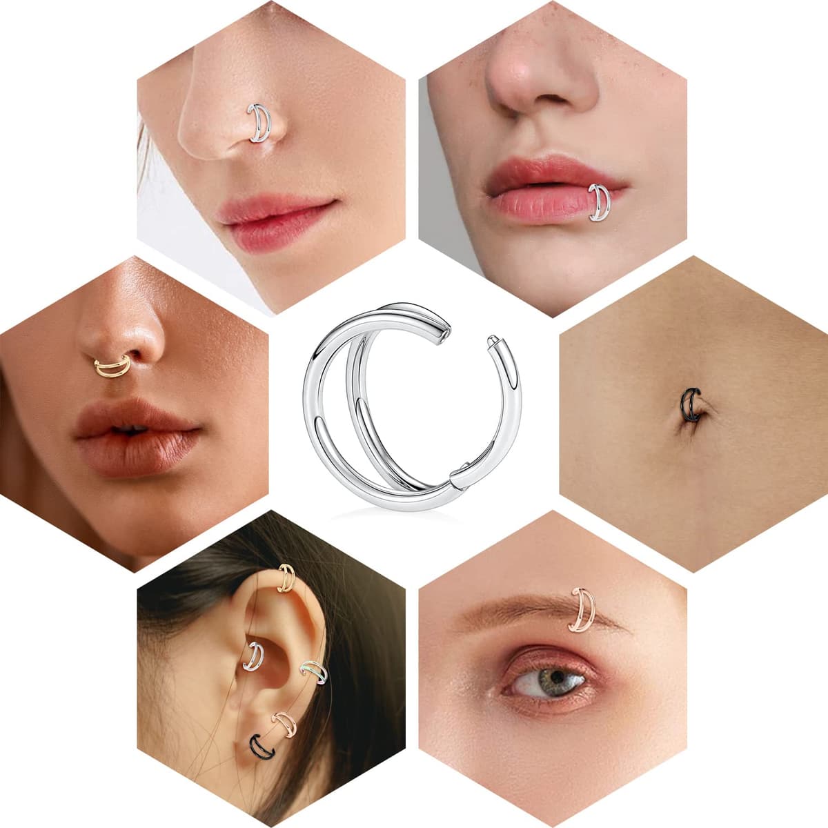 AROWRO Double Open Stack Septum Clicker Nose Rings Conch Daith Piercing Jewelry Cartilage Earring Hoop Surgical Steel Conch Daith Helix Rook Lobe Earring 18G 16G — view 4