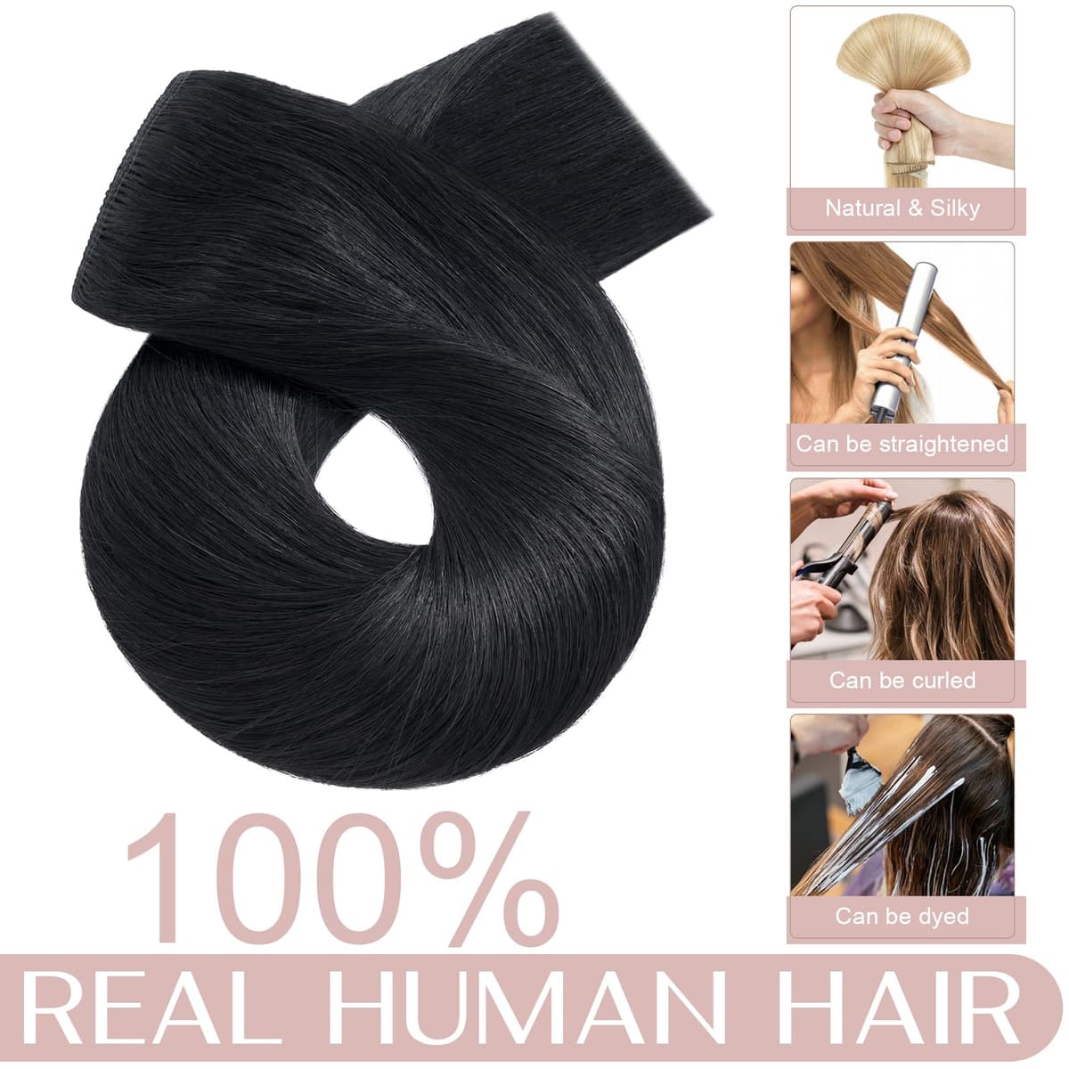 20"(50cm) SEGO Extensiones de Clip de Pelo Natural Una Pieza GRUESA con 5 Clips [#1 Negro Intenso] Remy Cabello Humano Liso (95g) — view 5