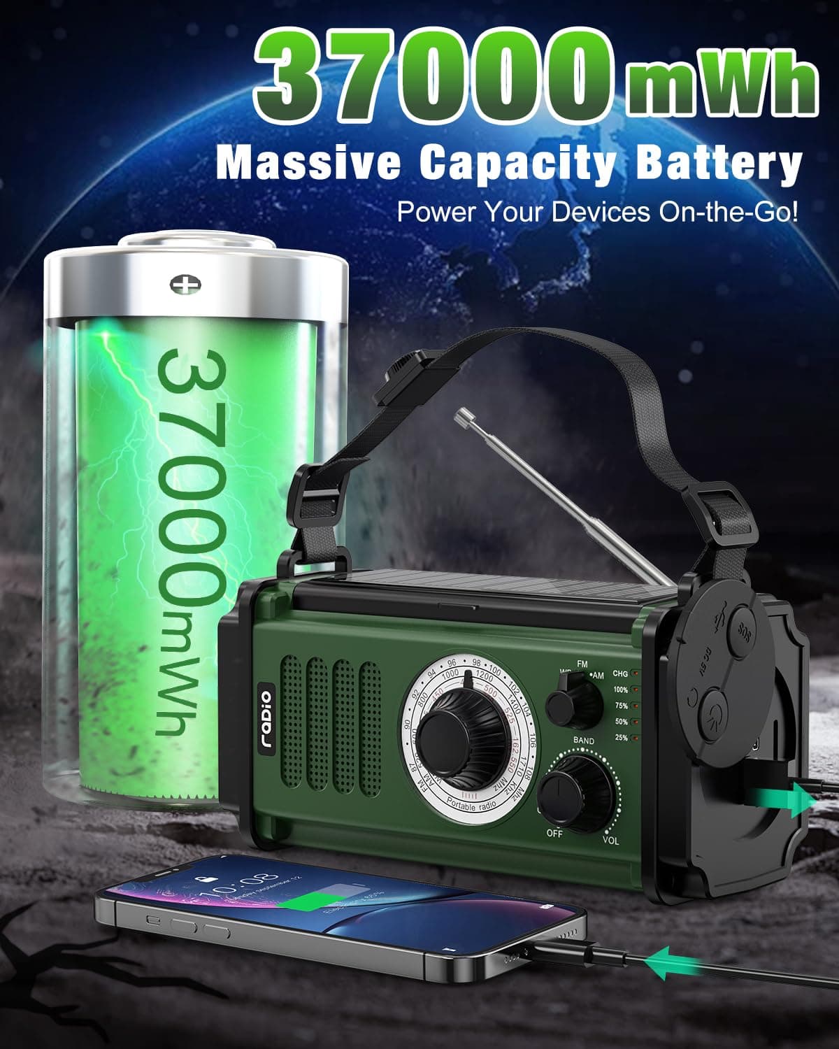 10000mAh/37000mWh Wind Up Solar Radio, AM/FM Hand Crank Emergency Weather Radio, 4 Charging Methods, Polymer Battery, Flashlight & Reading Lamp, SOS Alarm, Phone Charger for Emergency, Green — view 2
