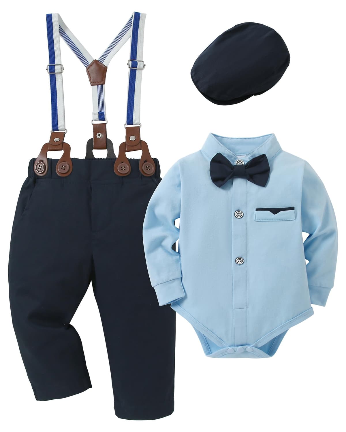 SOLOYEE Baby Boy Clothes Suits 6-9 Months Baby Boys Formal Wedding Outfits Long Sleeve Dress Shirt + Suspender Pants + Bowtie + Beret Gentleman Clothing Set (Capri Blue, 6-9 Months) — view 3