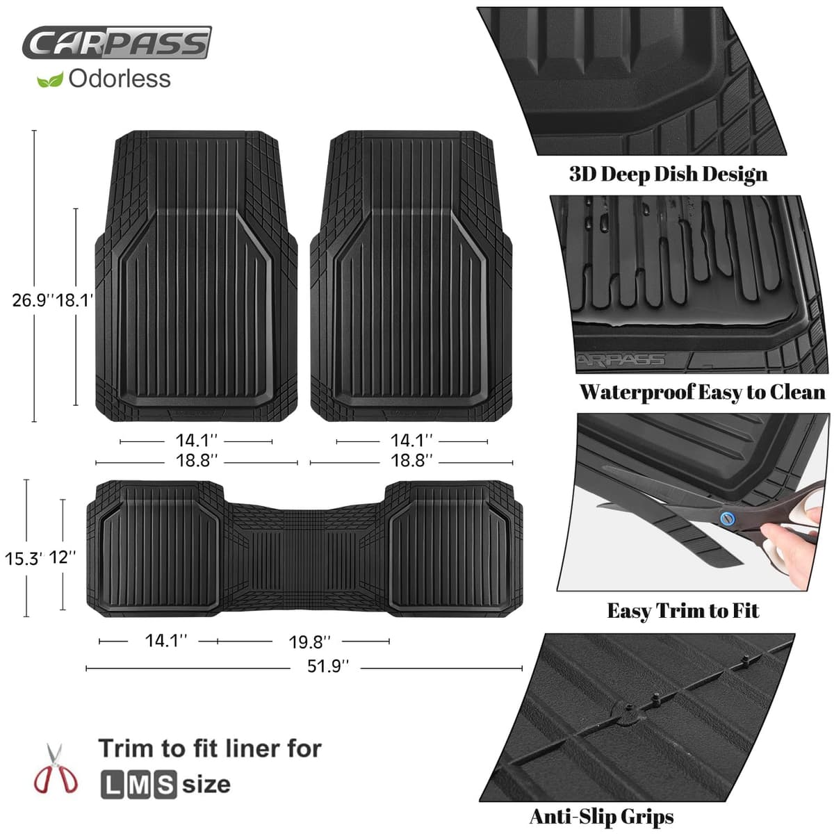 CAR PASS Heavy Duty Rubber Floor Mats for Car, Waterproof Liner Deep Dish Car Mats Full Sets, Universal Trim to Fit for SUV Truck Sedans Vans, All Weather Automotive Floor Mats 3pcs, Solid Black — view 3