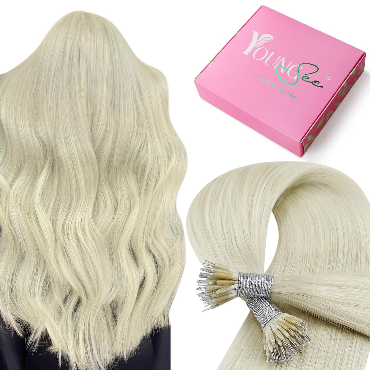 YoungSee Nano Hair Extensions Blonde 16inch Nano Beads Hair Extensions Warm Ash Blonde Highlight Bleach Blonde Nano Ring Hair Extension Highlight for School Soft Cold Fusion 50s 50g — view 38