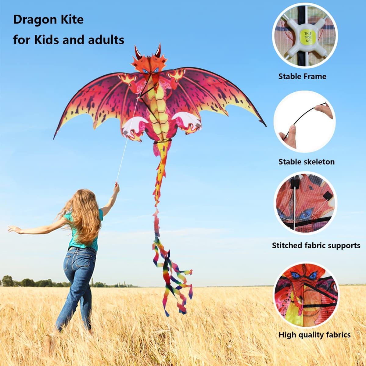 Laptony Dragón Cometa Precioso para Juegos y Actividades al Aire Libre, Fácil de Volar y Montar, Cometa para Deportes al Aire Libre de Verano en Parque o Playa — view 4