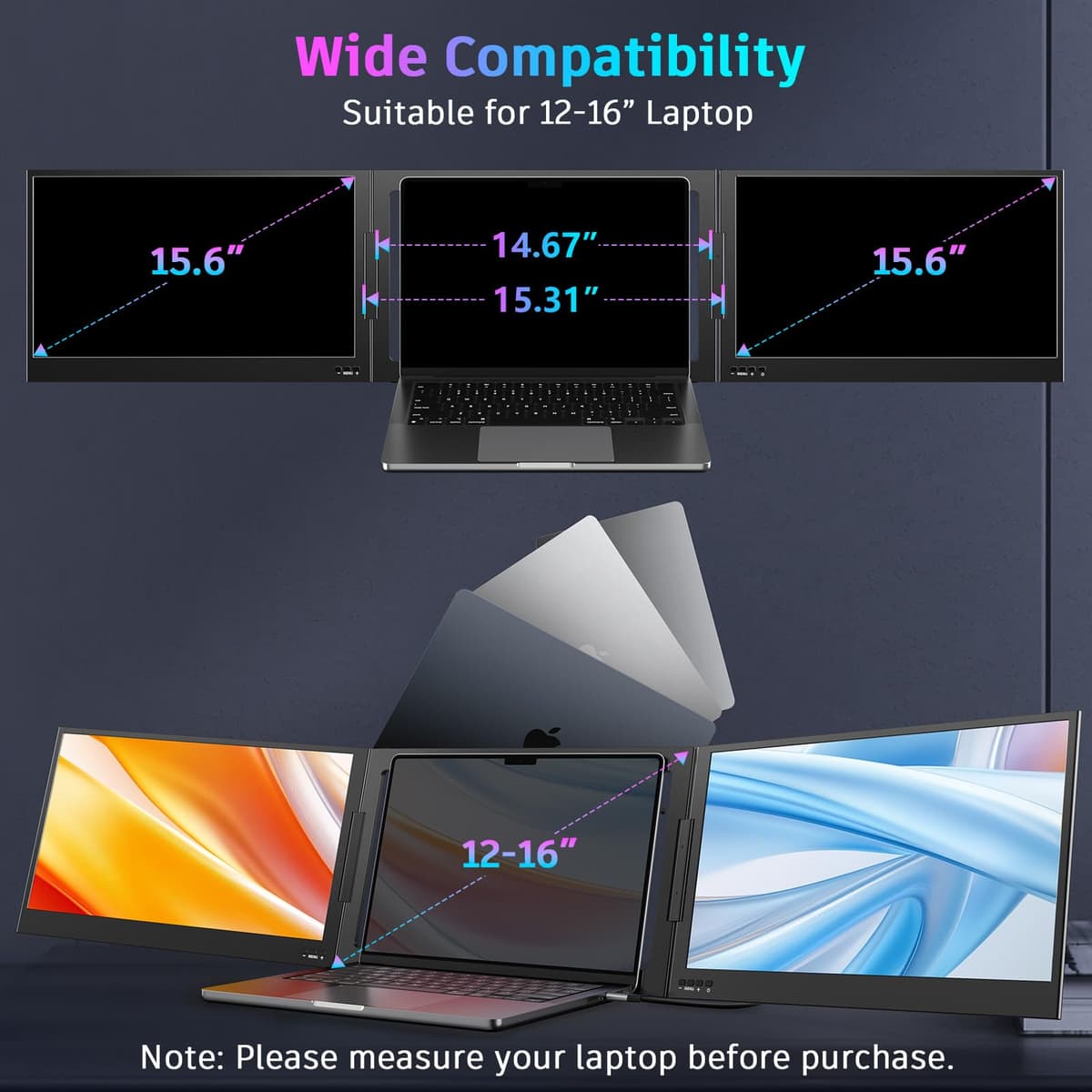 QQH Laptop Screen Extender, 15.6" Triple Portable Monitor with Ultra-Slim FHD IPS Display, One Cable USB-C Monitor Extender Compatible with MacOS, Windows, Android for 12-16" Laptop (Driver Need) — view 8