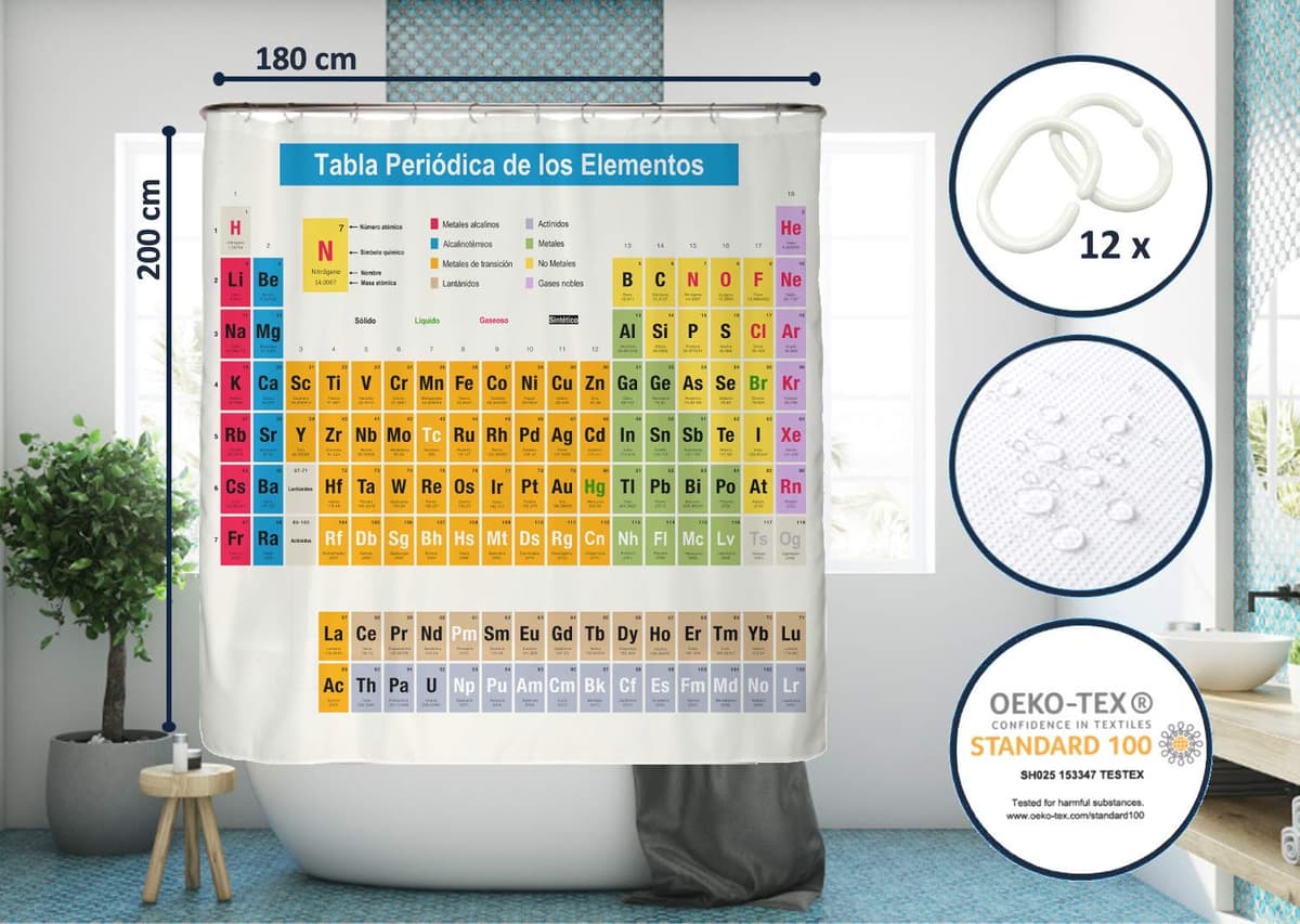 arteneur® - Cortina de Ducha 180x200 - Cortina de Baño Antimoho de Tela, Impermeable, Lavable y Opaco con Dobladillo Ponderado y Anillas (Tabla Periódica Española) — view 6