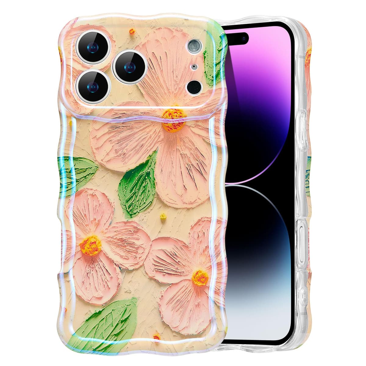 EYZUTAK Case for iPhone 16, Colorful Retro Oil Painting Printed Flower Laser Glossy Pattern Cute Curly Wave Edge Exquisite Phone Cover Stylish Durable TPU Protective Case for Girl Women-Green — view 101