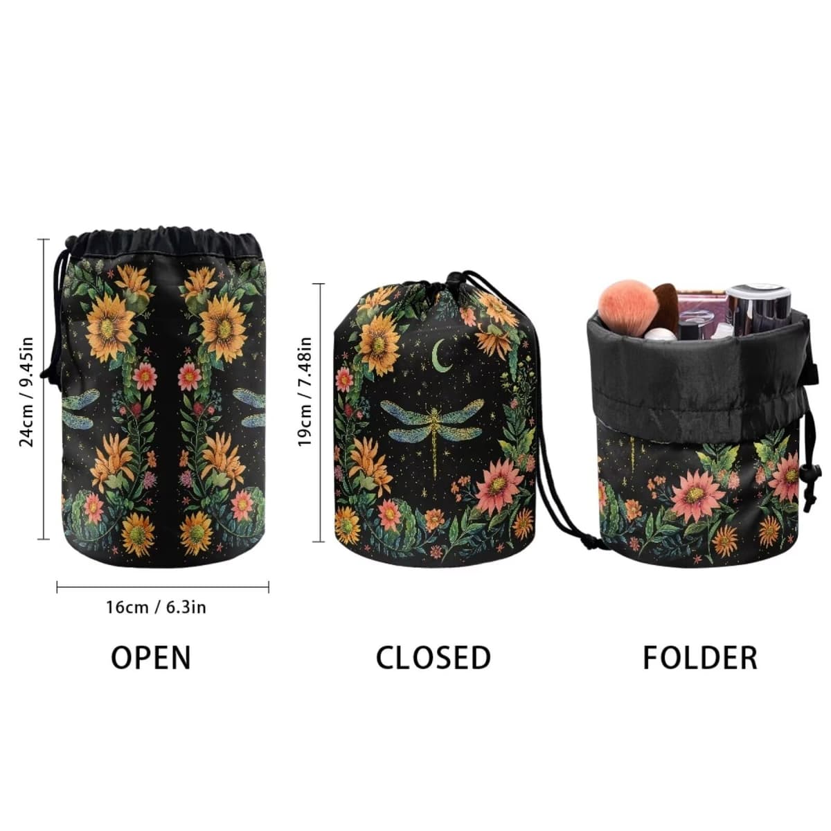 chaqlin Moon Dragonfly Floral Travel Cosmetic Bags Barrel Makeup Bag,Women Girls Portable Foldable Cases Multifunctional Toiletry Bucket Bags Round Organizer Storage Pocket — view 2