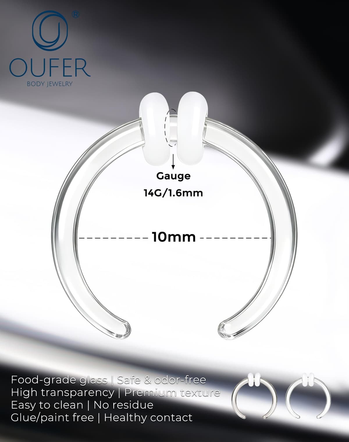 OUFER Body Piercing Septum Hoop: C Shape Glass Pincher Tapers Stretching Piercing Jewelry Nose Gauge Earring Nipple Rings 14G Women Men — view 2