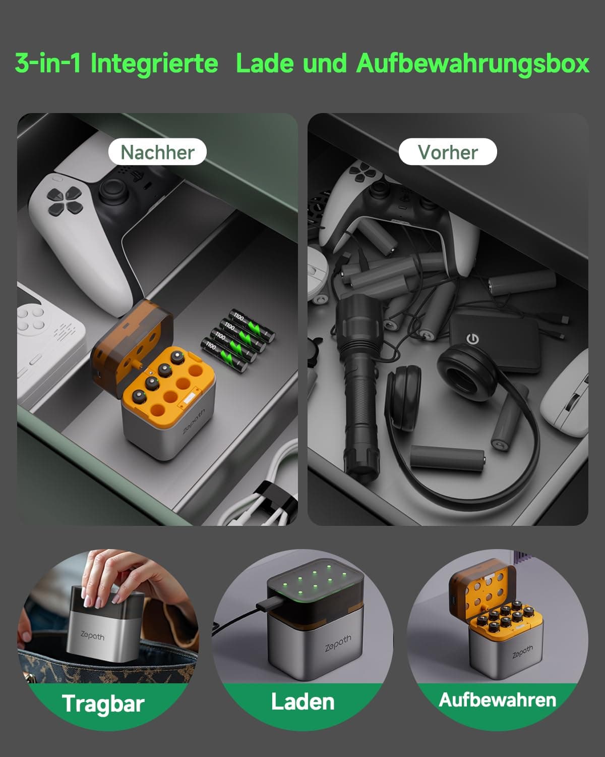 Cargador híbrido de Iones de Litio/NI-MH con 16 Pilas AAA Recargables NI-MH, 1100 mAh de Alta Capacidad, 1,2 V Pilas AAA, 8 Cargadores para Pilas AA/AAA, Caja de Almacenamiento integrada de — view 3