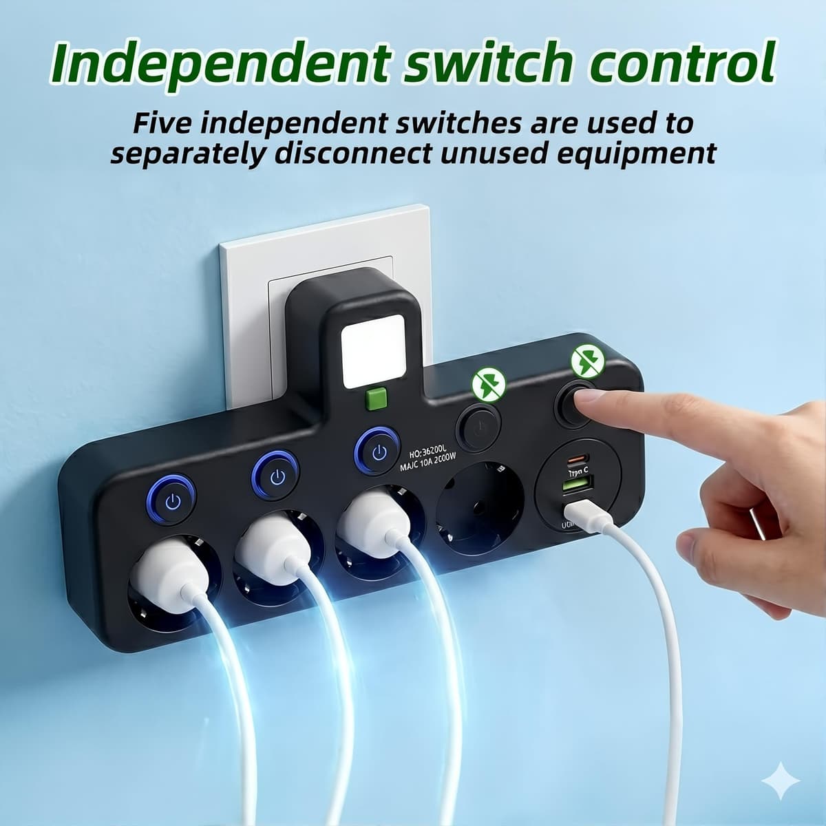 Regleta de Enchufe de Pared con 4 Tomas Europeas, Adaptador con USB C y 2 USB A, Ladrón de Enchufe con Interruptores Independientes para Hogar y Oficina (Negro) (Negro) — view 4