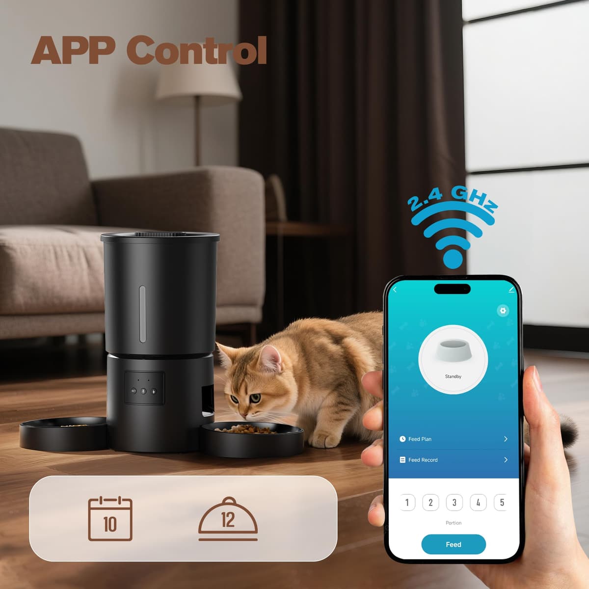 Comedero Gato Automático Doble & App: Dispensador Automático de 5L con WiFi 2.4G y Temporizador para Comida Seca - Diseño de Comedero Doble AONBOY para Múltiples Gatos y Perros - Negro — view 2