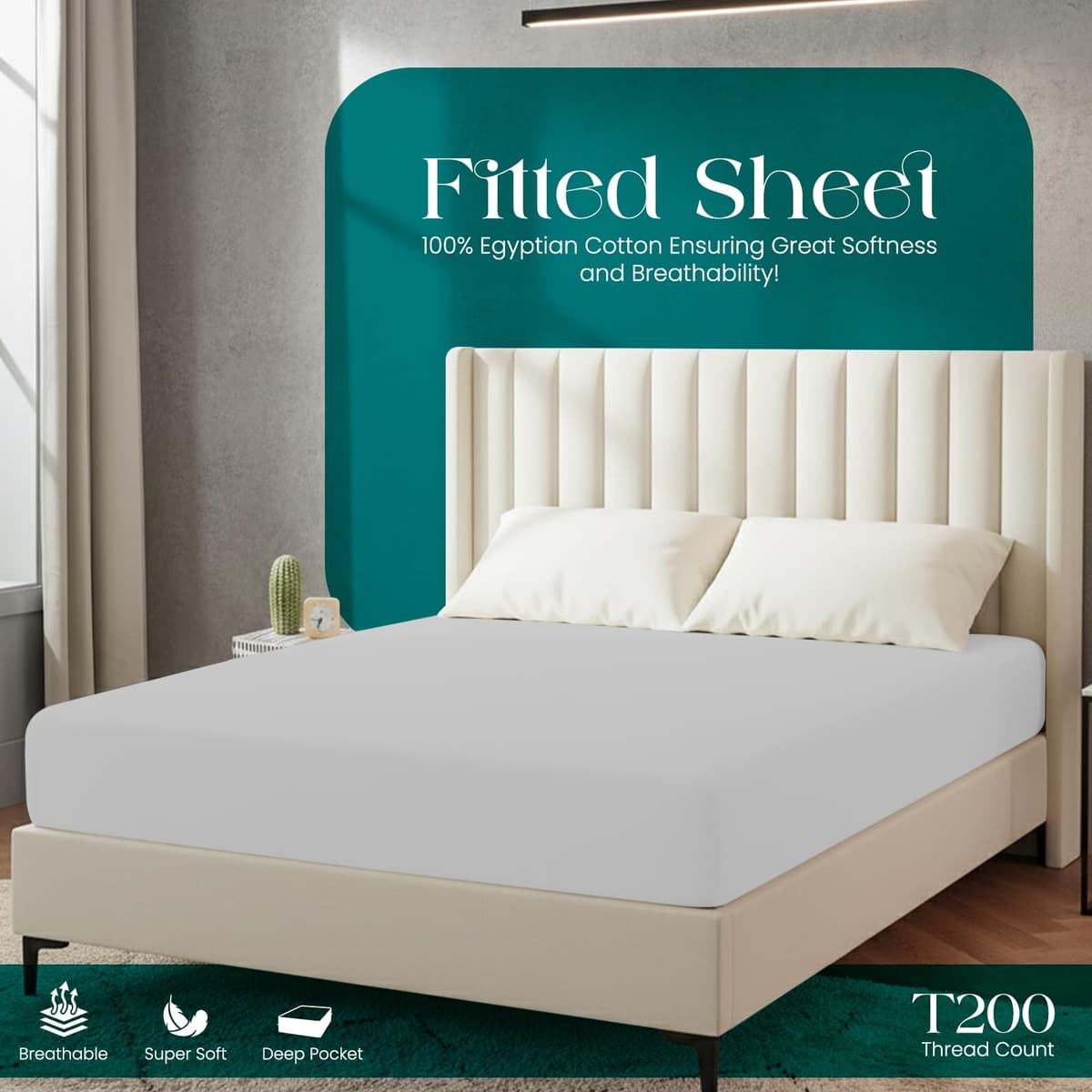 Linens World Egyptian Cotton Fitted Sheets King Size Breathable, Anti Wrinkle 30cm Deep Pocket 200 Thread Count Bed Sheets Bedding & Linen 152 X 200-CM White Bedding King Size Fitted Sheets — view 14