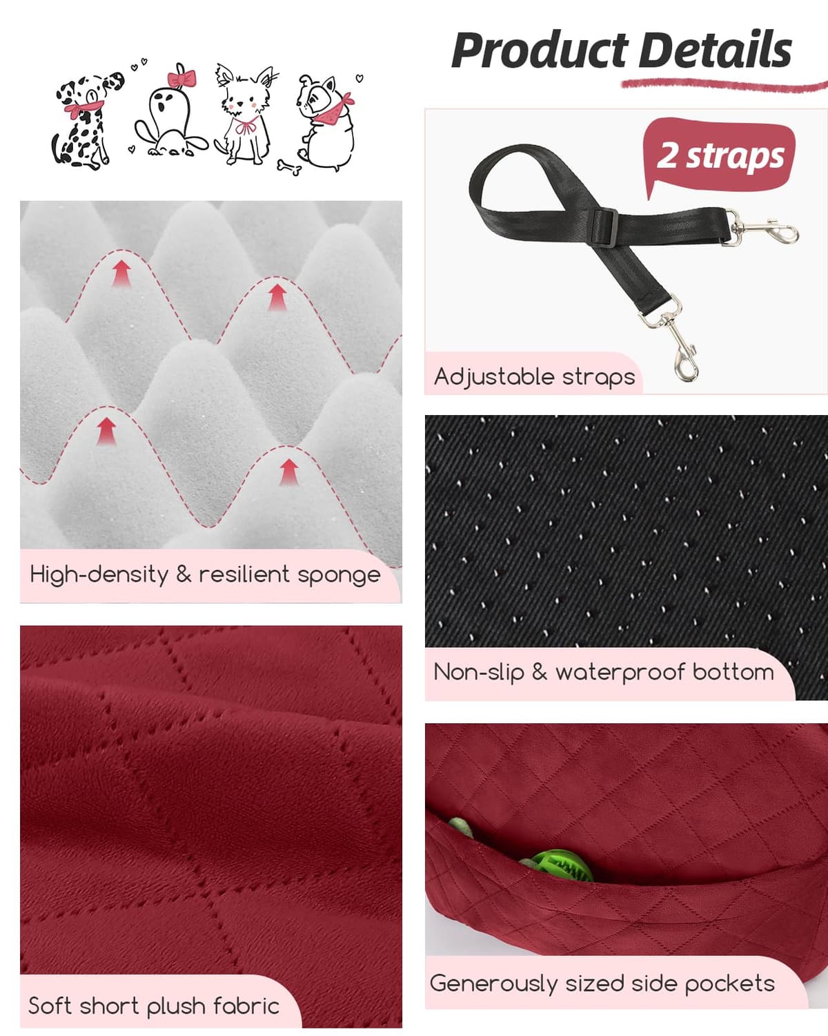 Lealchum Dog Booster Car Seat for Small Dogs,Puppy Portable Car Seat with Elevated Buttom,Fully Detachable and Washable Pet Cars Seat with Storage Pockets,Easy to Install (Red, Medium) — view 5