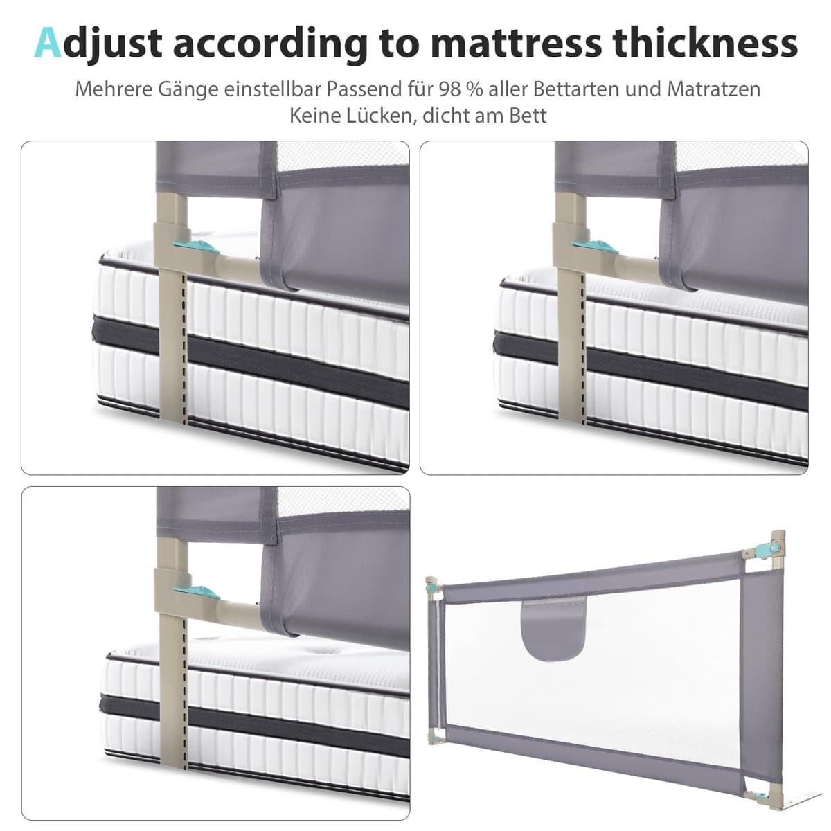 Barrera Seguridad Niños Cama, Barandilla Cama 150/180/200cm, Protección Anticaídas con Malla Transpirable, Barandilla Regulable en Altura 69-98 cm, Pasamanos con Bolsillo Lateral, Apto para Boxspring — view 5