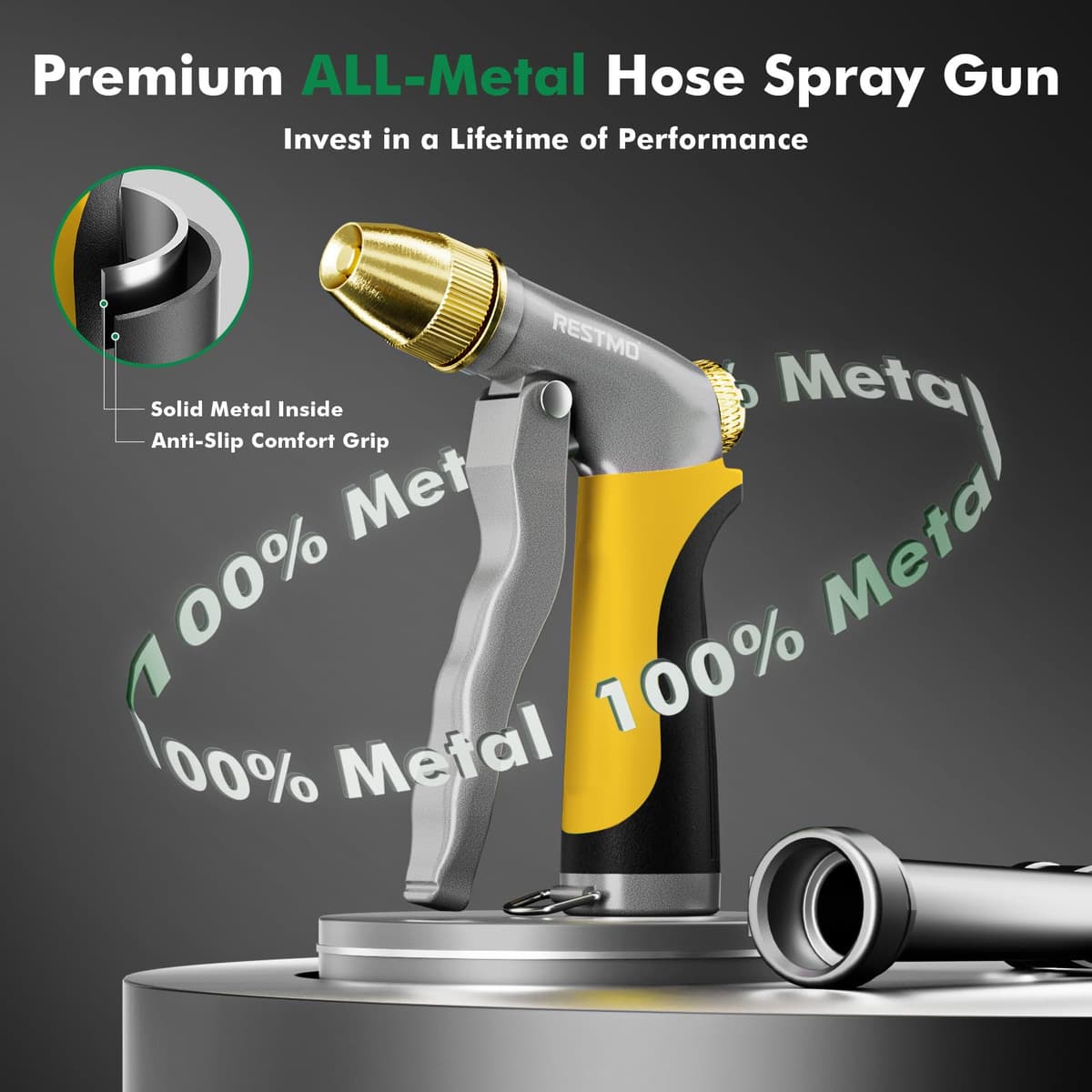RESTMO High Pressure Hose Pipe Spray Gun, 100% Metal Garden Hose Gun with Solid Brass Head, Adjustable Water Flow, 4 Spray Patterns, Ideal for Car Washing, Gardening, Patio & Window Cleaning, Yellow — view 3