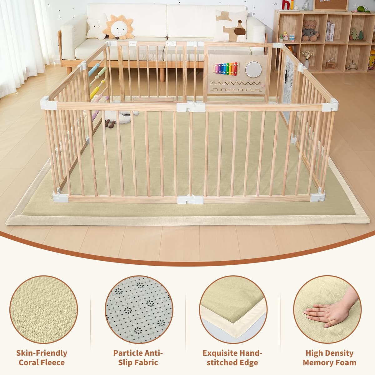 SUNYRISY Baby Play Mat for Floor 60 x 60in, 1.4in Thick Memory Foam Padded Play Mats Baby Rug, Soft Velvet Infants Toddler Kids Crawling Mat for Nursery, Non-Slip Bottom, Beige — view 3