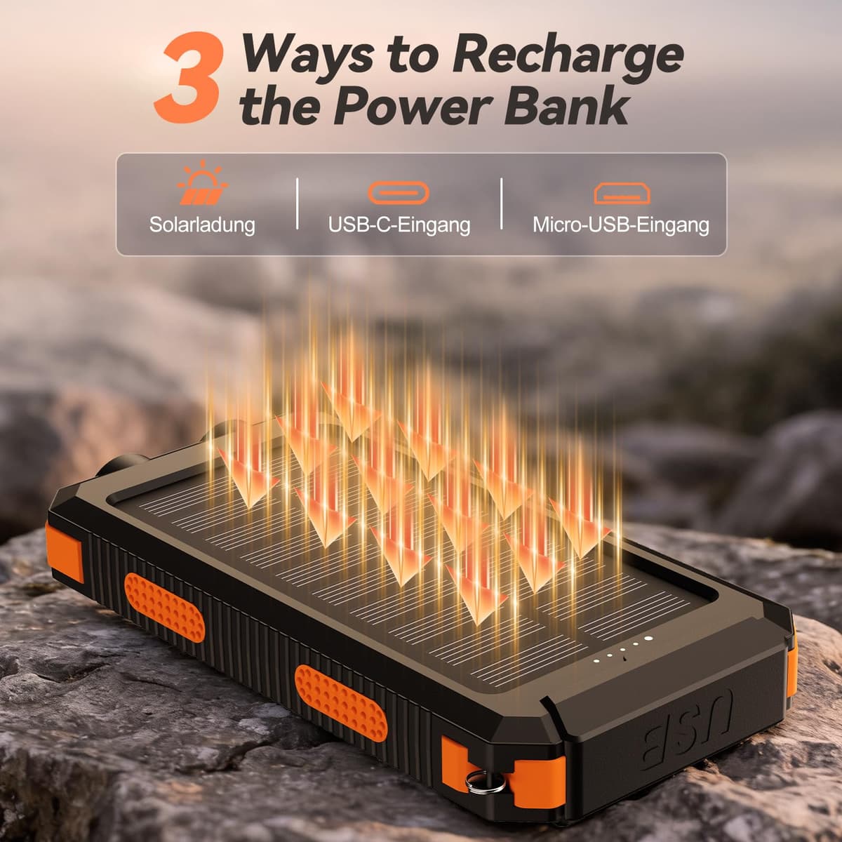 Vikeri Solar Power Bank 26800mAh, Portable Solar Charger, Portable Charger USB C Fast Charging Outdoor with Flashlight 4 Output Ports for Smartphones Tablets and More (Orange) — view 3