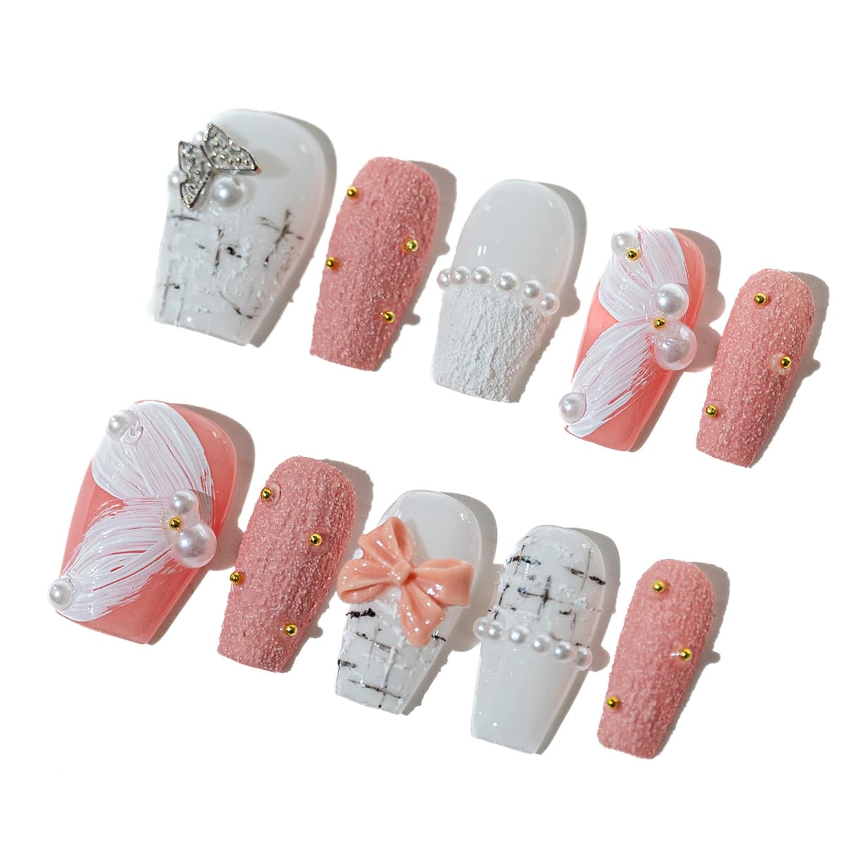 Sun&Beam Nails Handmade Press On Nail Long Coffin Ballerina Pink Flower Acrylic Fake Tip 3D Design Art Charms Cute with Storage Box 10 Pcs (S) — view 344