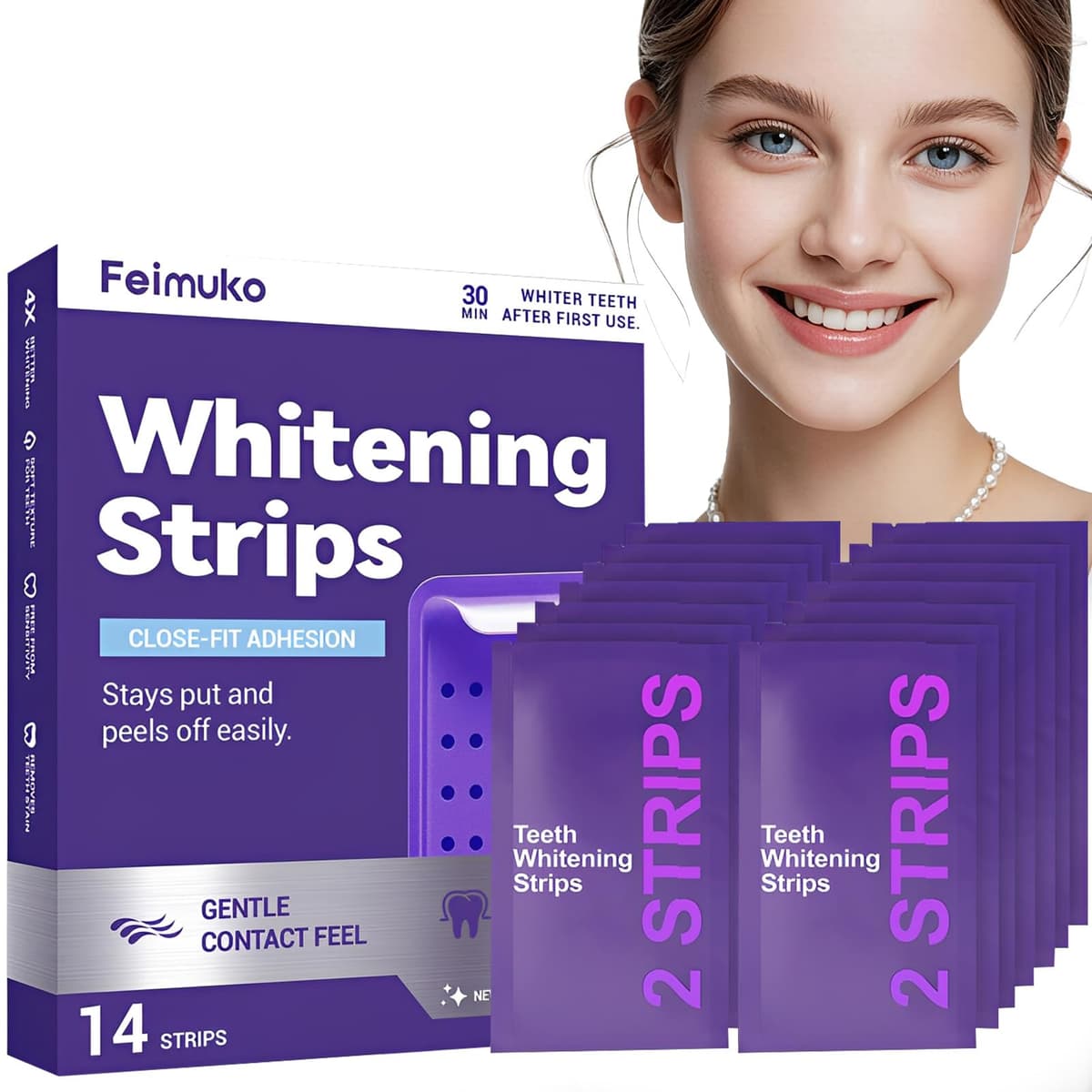 Tiras blanqueadoras dentales, 14 unidades, seguras para el esmalte, corrección de color, tiras blanqueadoras moradas para manchas de café, comidas y vino.