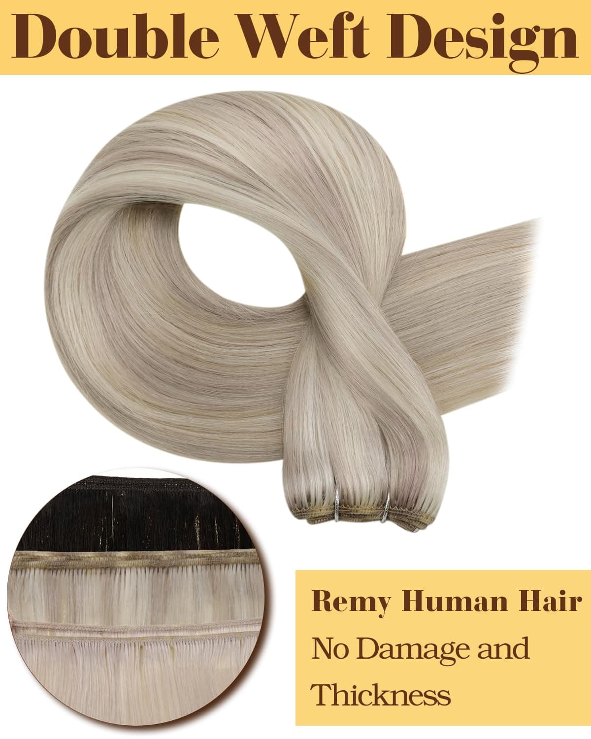 Hetto Weft Hair Extensions Real Human Hair Ash Blonde Highlights Light Blonde 20 Inch 100g - Salon Weft Hair Extensions Sew in Human Hair Wefts Hand-Tied, Durable for Full Head Styling #18/613 — view 2