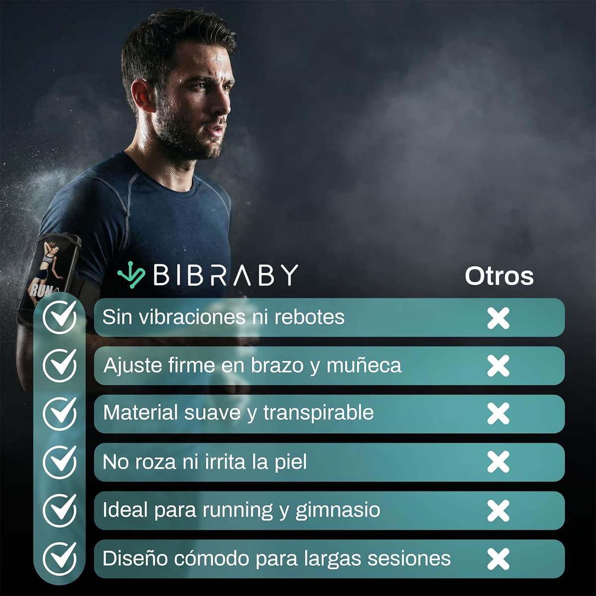 BIBRABY Super Brazalete móvil en Funcionamiento Running | Soporte Universal para movil Ajustable a Brazo y muñeca | Accesorios Antideslizantes | Correr Caminar Gimnasio | Phones hasta 7'' (Negro) — view 3