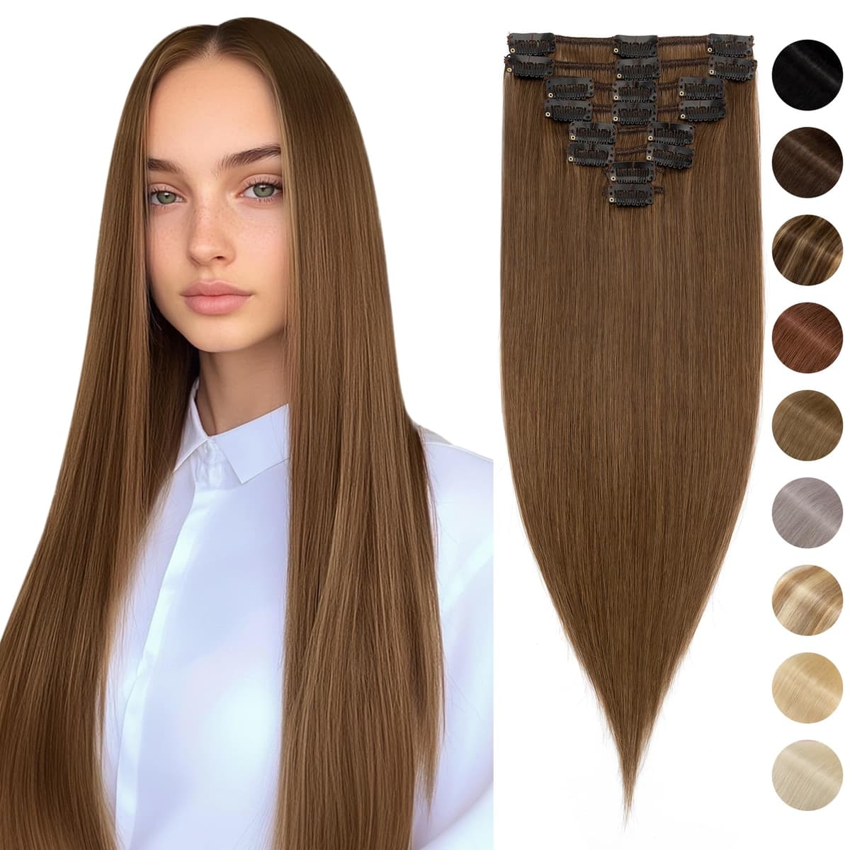 Silk-co 10inch Hair Extensions Clip in Hair Extension Human Hair #04 Medium Brown -Basic Thickness-Thin Weft- 8 Pieces Real Remy Straight Hair Extensions[50g] — view 127