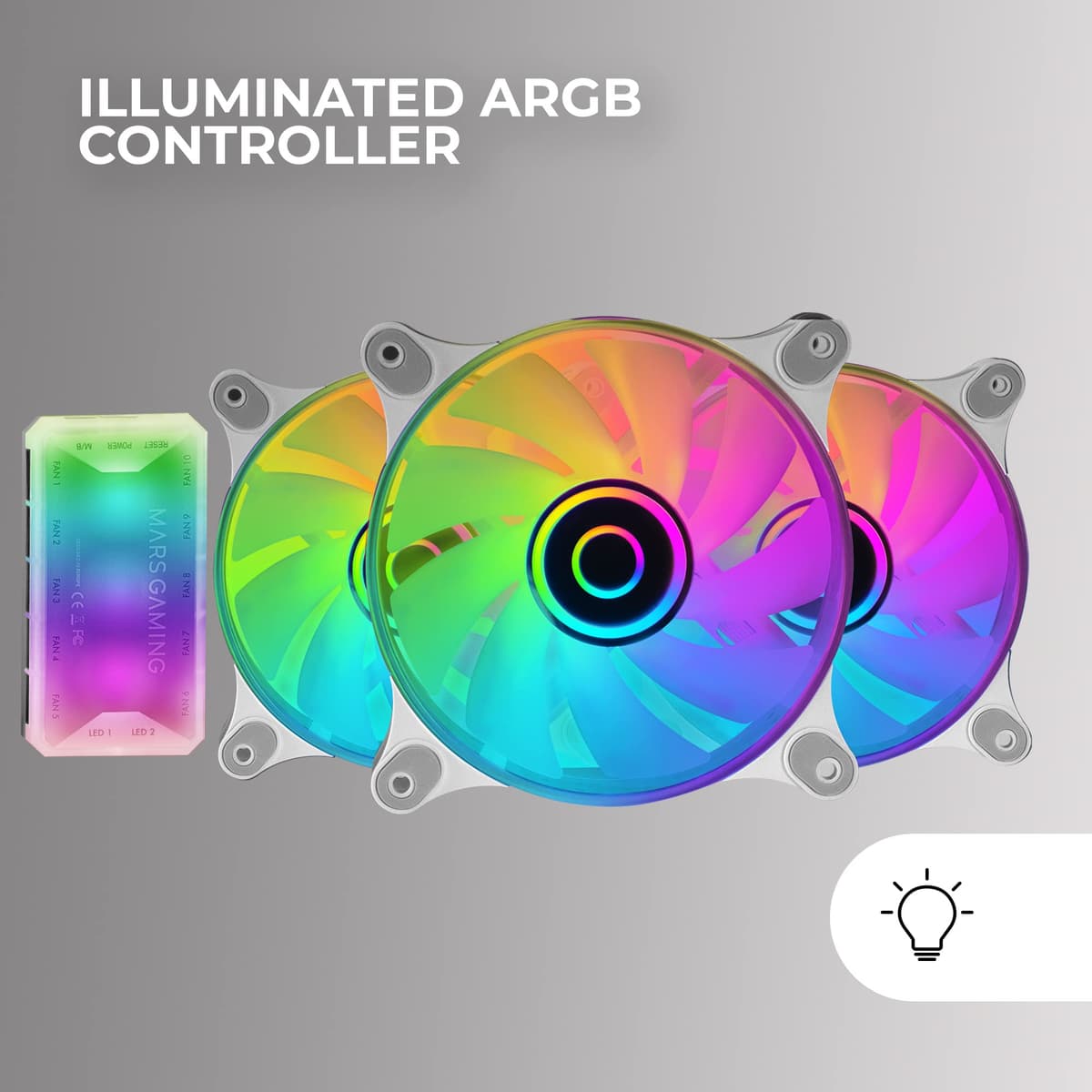 Mars Gaming MF-3DKIT, Kit 3 Ventiladores ARGB 360° 12cm, Espejo Infinito 3D, Sistema Anti-vibraciones, Controlador ARGB, Mando a Distancia RF, Compatibilidad Total, Blanco — view 3