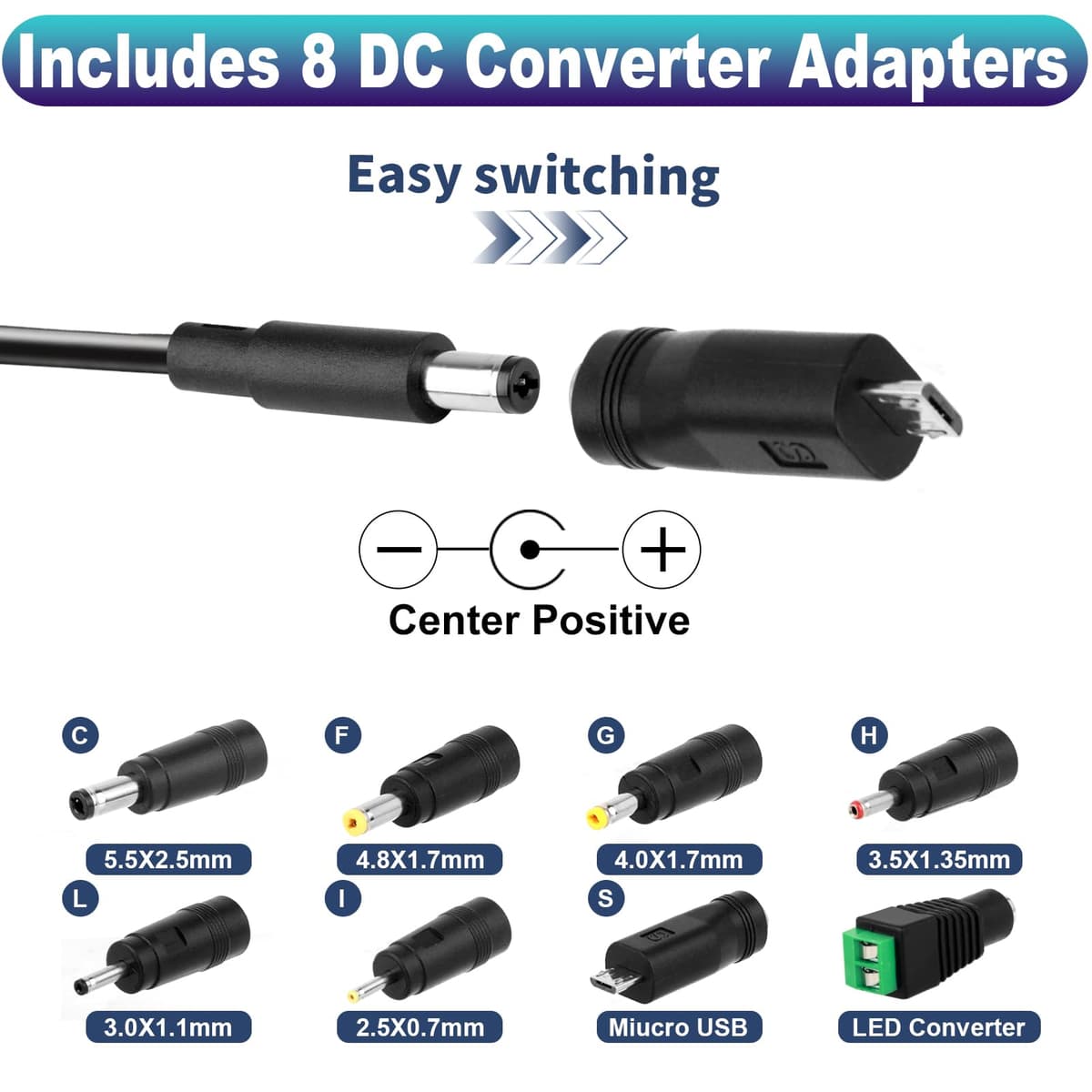 12V 2A Fuente de Alimentación, 24W 12V 2A Universal Adaptador 100-240V 5.5 × 2.1mm Transformador 1.5M Cable con 8 Adaptadores de Enchufe de 1000mA 1500mA 2000mA para LED Router Cámaras de Seguridad — view 3