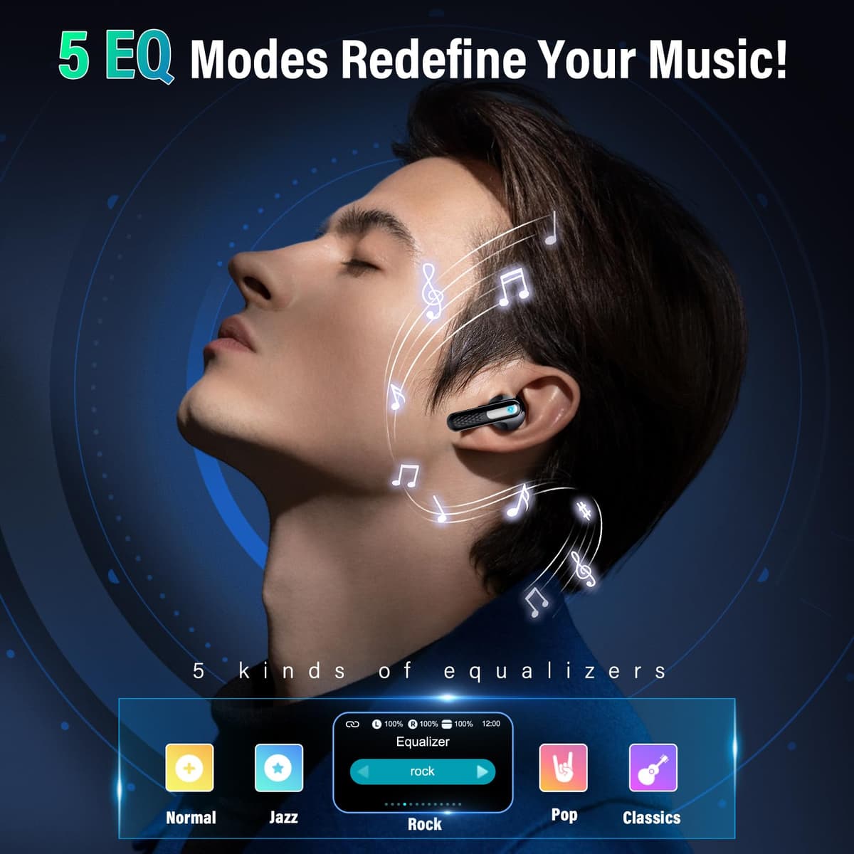 Wireless Headphones with LED Touch Screen, Bluetooth 5.4 HiFi Stereo Headphones with HD Mic, 48H Wireless Headphones with Noise Reduction ANC+ENC, IP7 Waterproof, Glossy Black — view 5