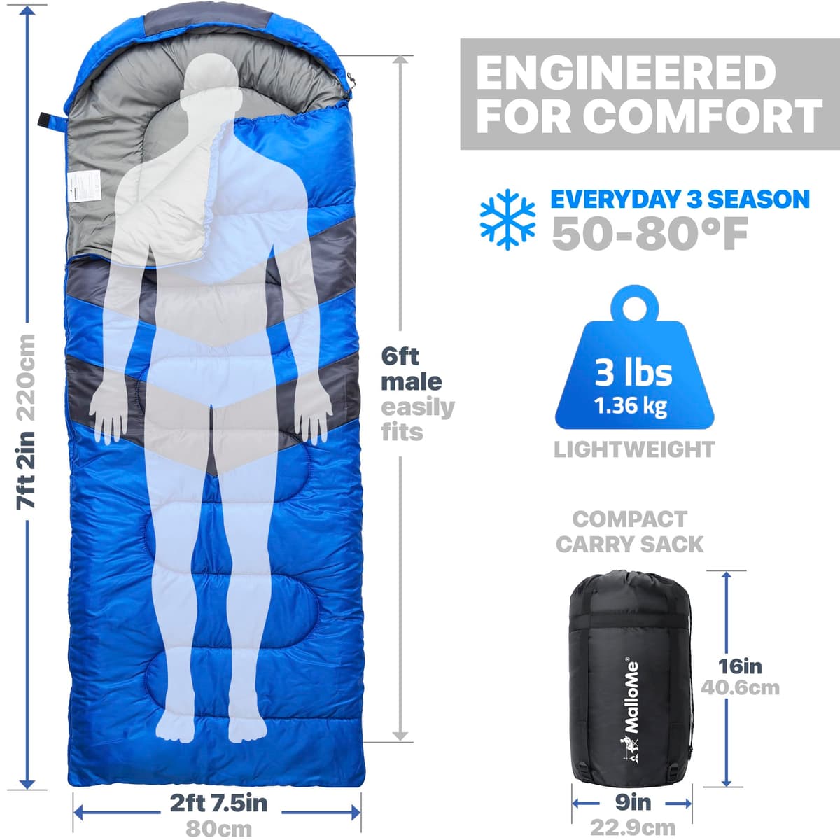 MalloMe – Saco de Dormir para Adulto, niño, Invierno, Verano, Primavera, otoño, plumón para 1 Persona, Impermeable, Bolsas de Dormir y Senderismo – Bolsa de Dormir Ultraligera, compacta para Dormir — view 2
