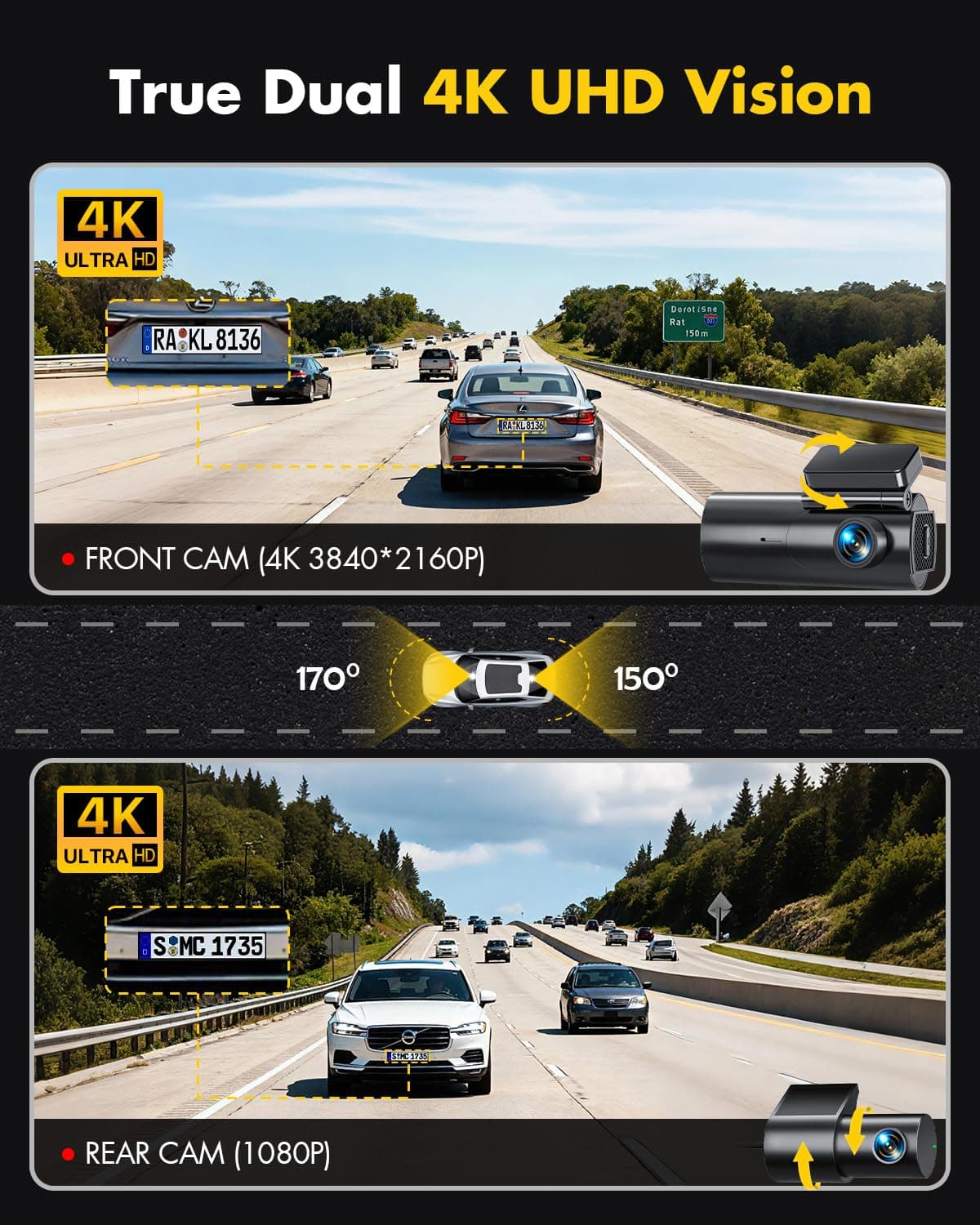 GKU 4K Dash Cam Front and Rear, 5GHz WiFi Dashcam with 64GB SD Card, Dual Car Camera Dash Cam with Parking Monitor, Night Vision, WDR, 170° Wide Angle, G-Sensor, Loop Recording, APP Control, Max 256GB — view 2