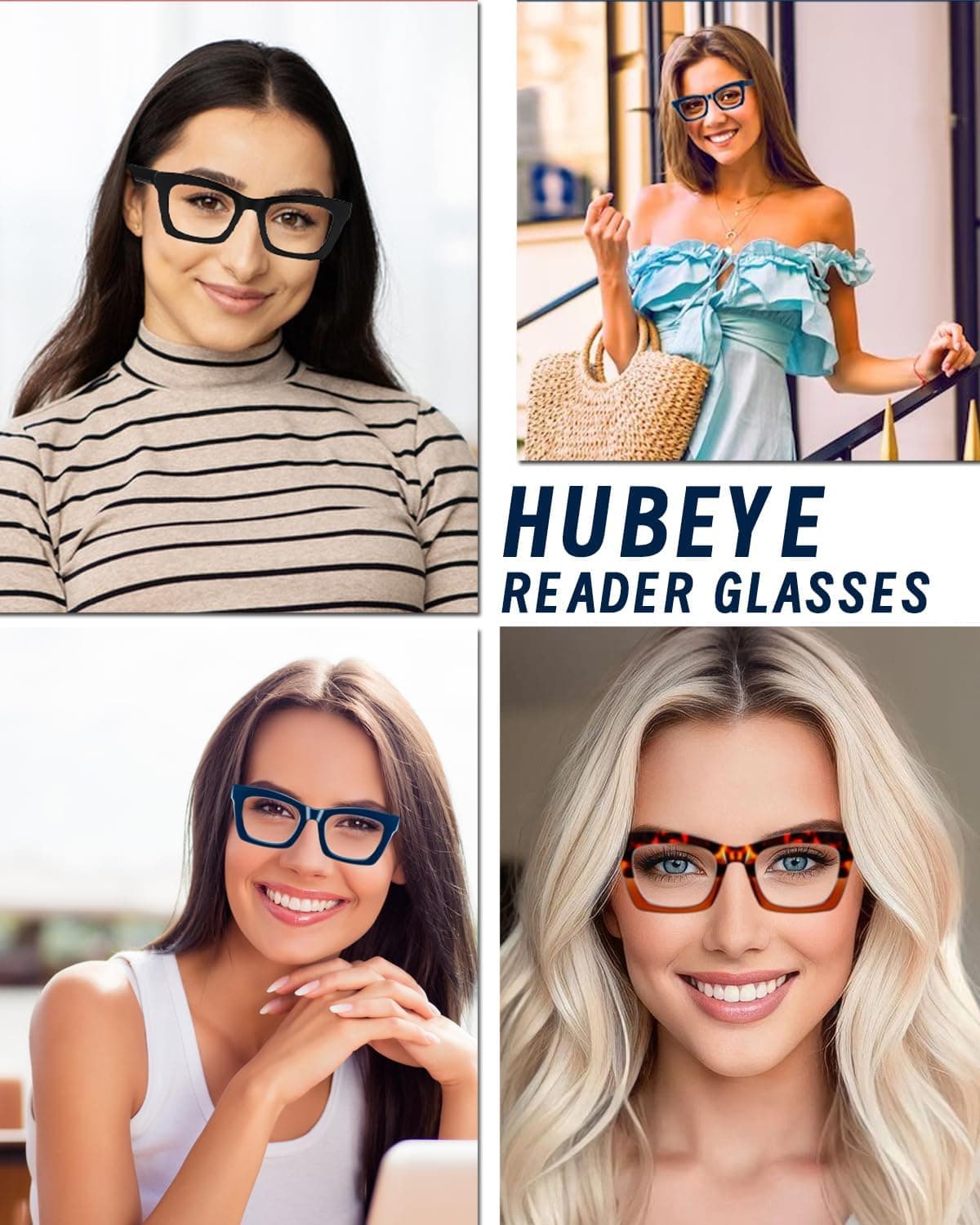 Hubeye Gafas de lectura para Mujeres de Moda Anteojos de lectura con Bisagra de resorte ultraligeras anti luz azul (Negro+Leopardo+Azul, 2.00) — view 2