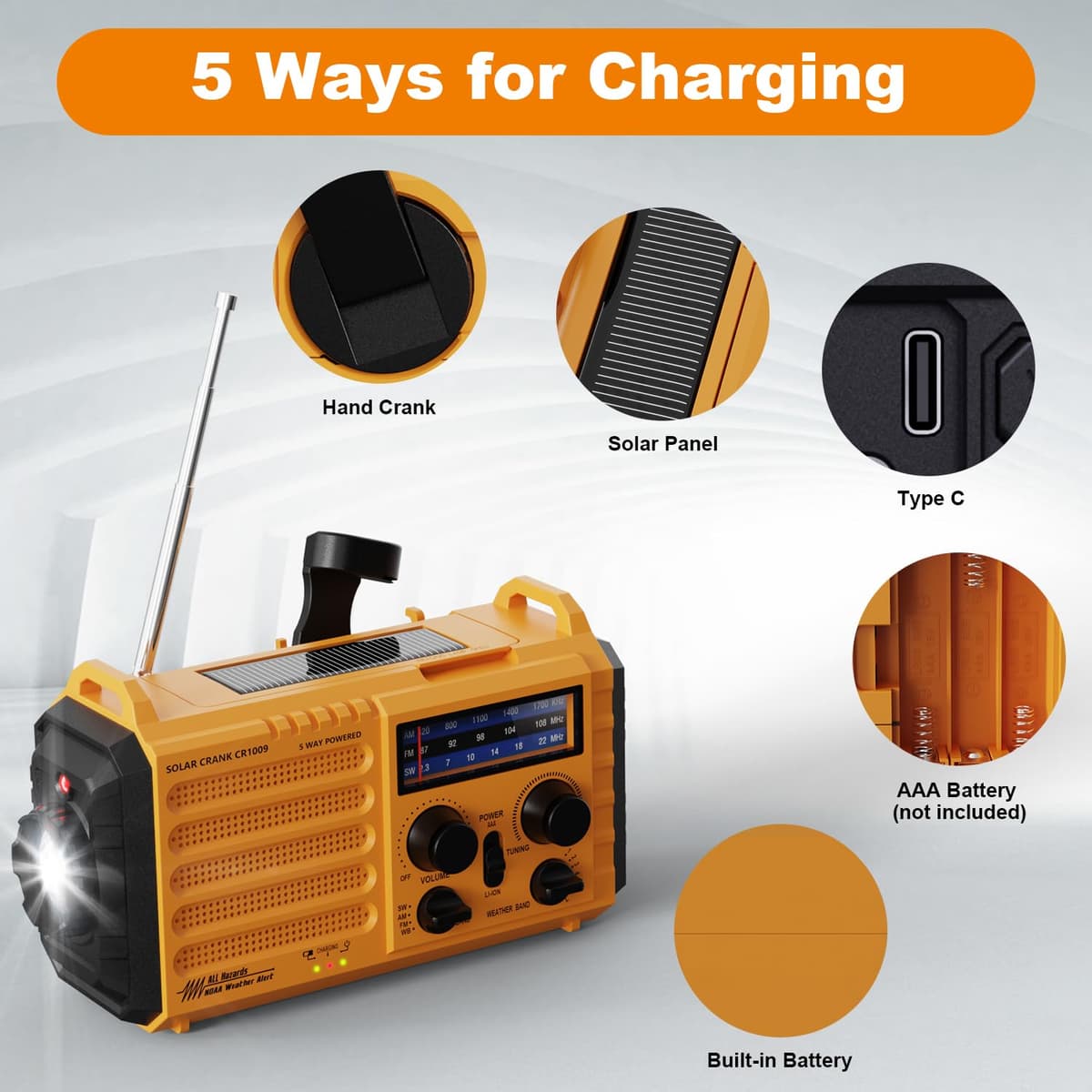 5000mAh Solar Radio, Portable Emergency Radio with Crank,Dynamo Weather Am/FM Radio, USB Phone Charger, LED Flashlight and Reading Light, SOS Alarm, Compass for Outdoor Camping — view 2