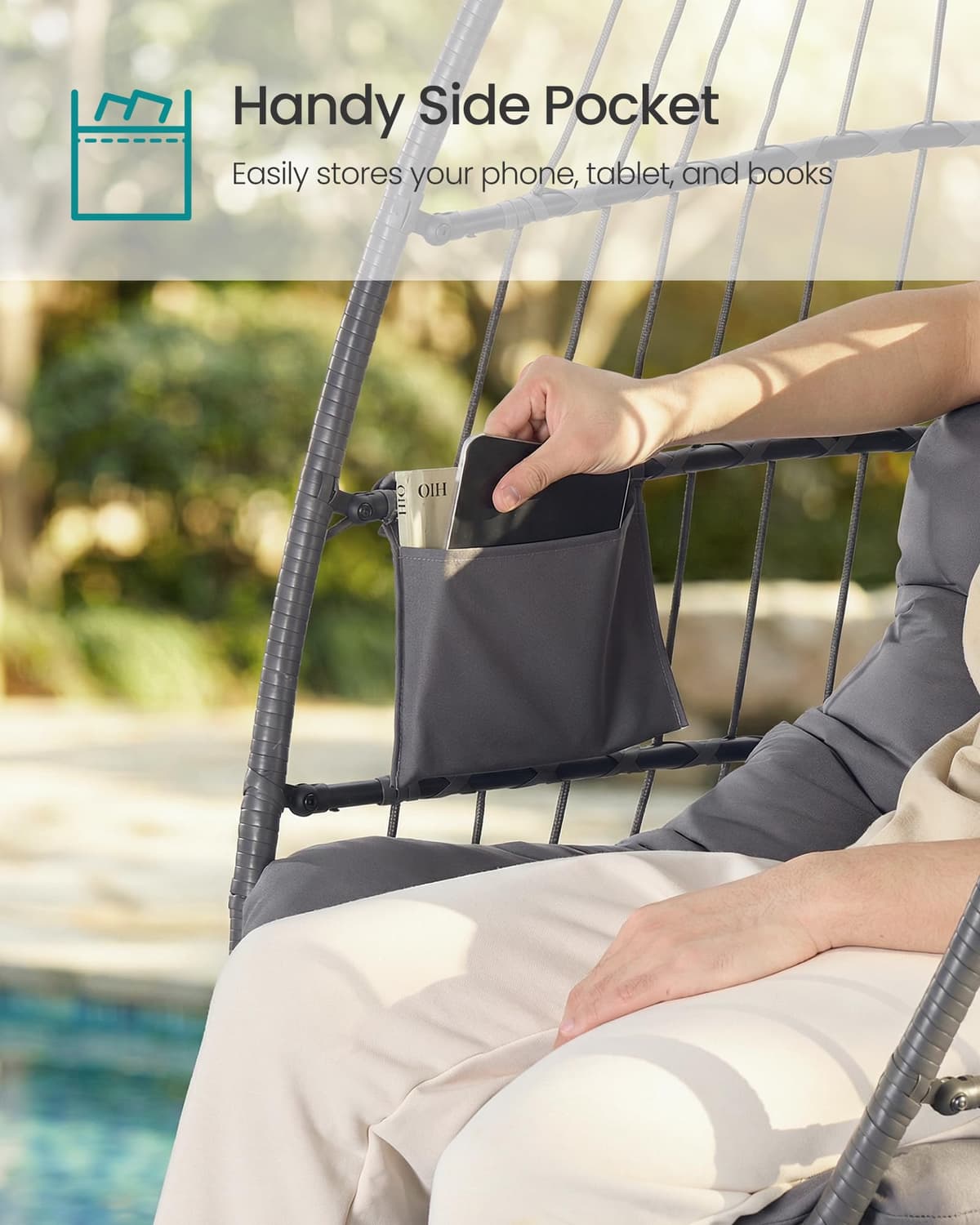 SONGMICS Outdoor Hanging Egg Chair, Foldable Removable Basket, Height-Adjustable Swing Chair, Side Pocket, Cushion, for Living Room, Garden, Balcony, Grey GDC050GZ02 — view 4