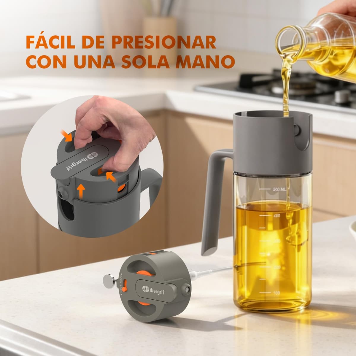 Ibergrif 2 en 1 Pulverizador de aceite 500ml – Aceitera spray con Interruptor, Vidrio de borosilicato, Antigoteo para Freidora de aire, Gris, M530 — view 2