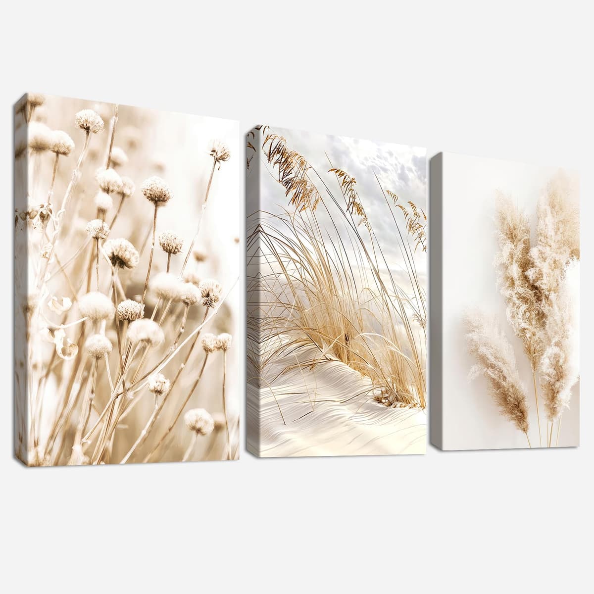 3Pcs Wooden Framed Canvas Wall Art Set Beige Dandelion Pampas Grass Reeds Painting Canvas Prints Coastal Beach Seascape Pictures for Living Room Bedroom Kitchen Hallway Stairs Wall Decor 30x40cm x3pcs