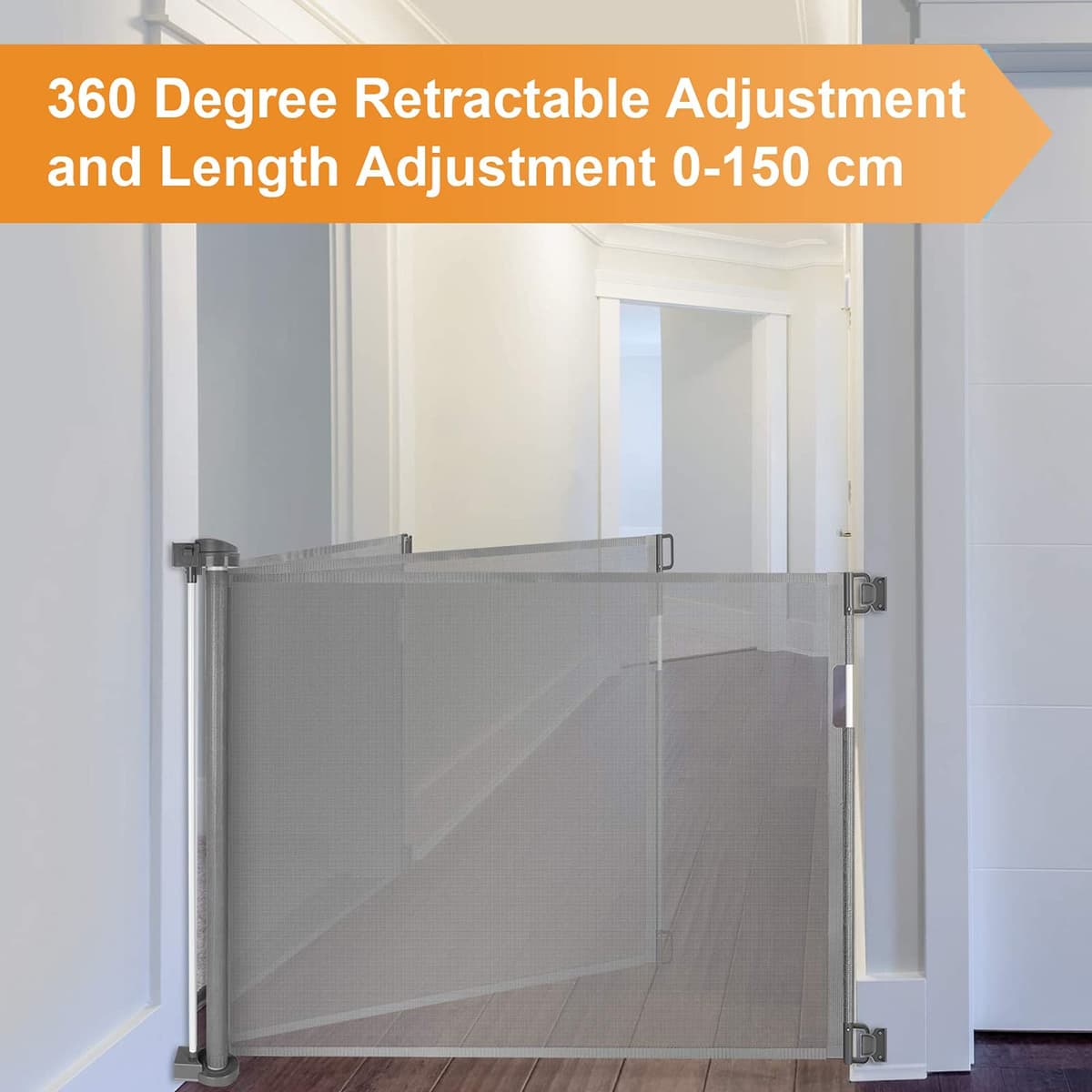 Retractable Stair Gate for Baby, Extra Wider Safety Dog Gate 150cm, 86cm Tall, One Hand Operated Baby Gate for Stairways & Hallways, Indoor & Outdoor, Grey (150cm) — view 5